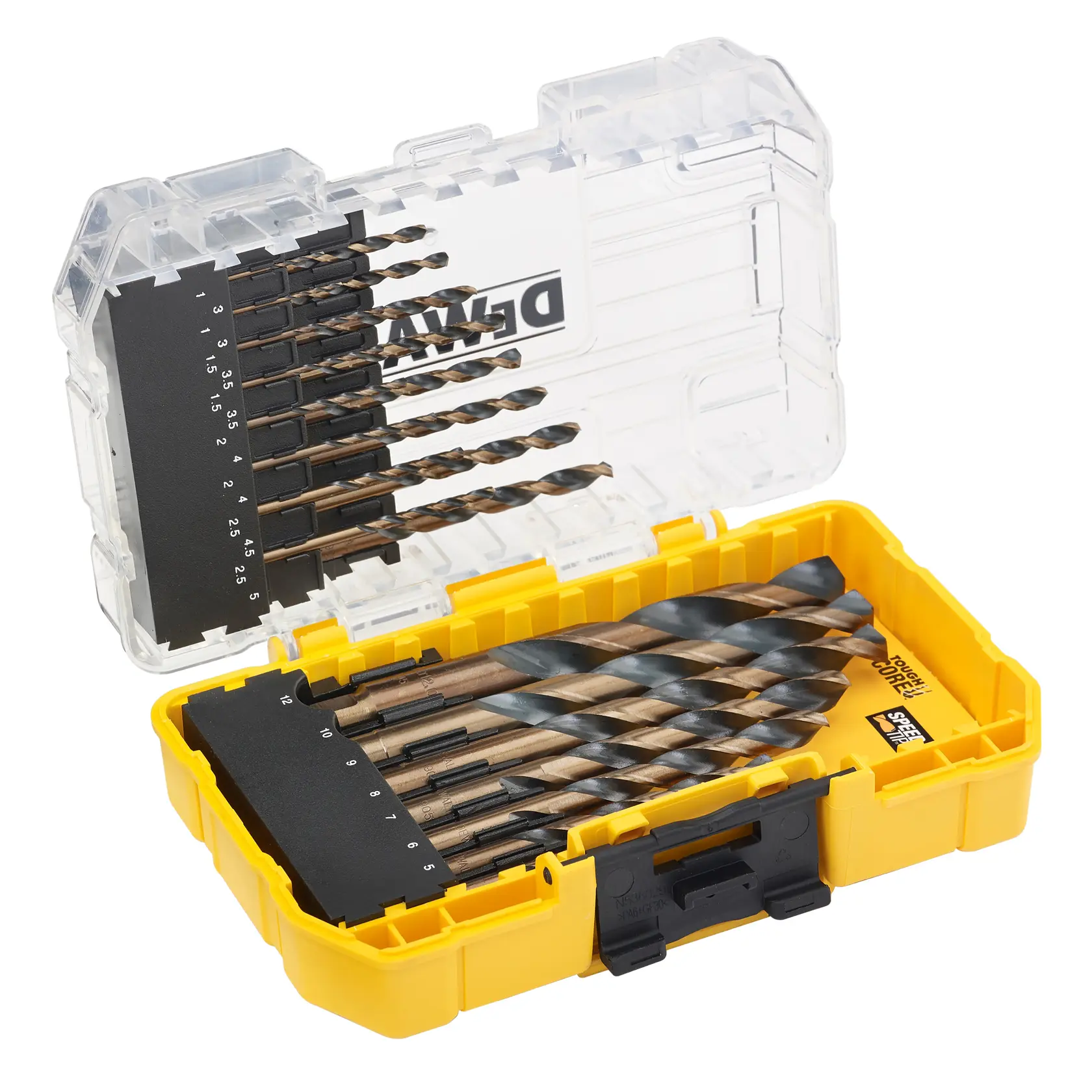 Set de forets DEWALT dans une boîte jaune à couvercle transparent, avec différentes tailles de forets organisées.