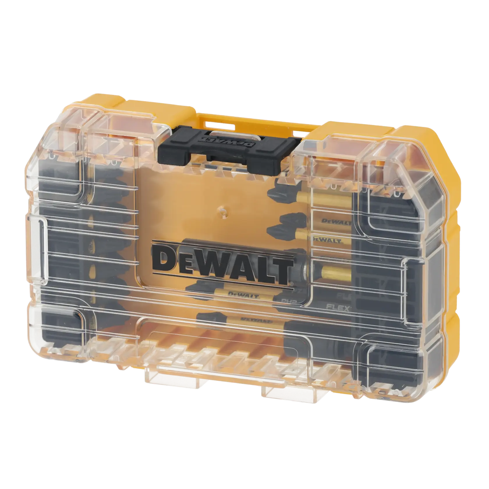 Set de forets DEWALT DT70730T dans une boîte jaune transparente, forets visibles à l'intérieur.