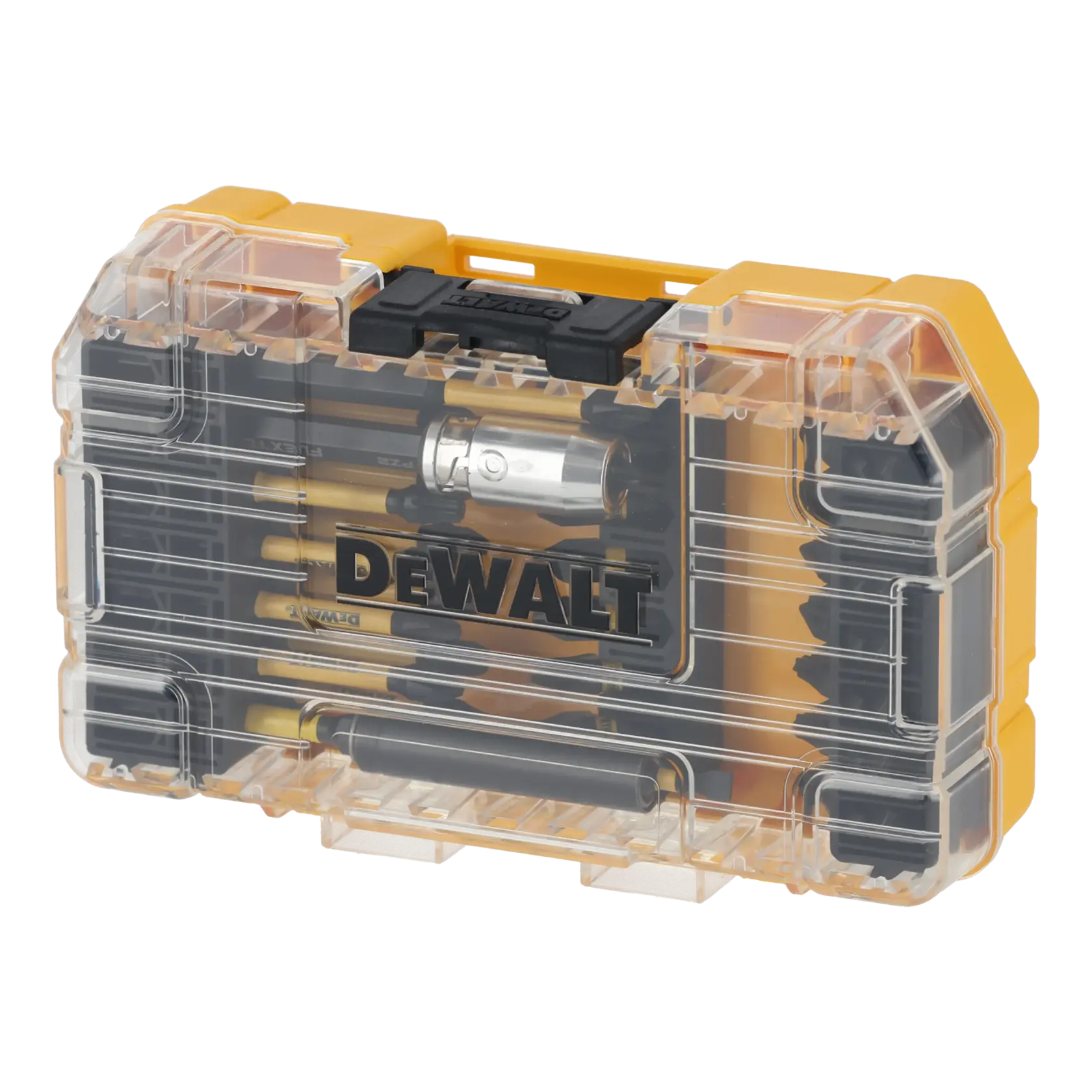 Set d'embouts DEWALT dans une boîte jaune transparente, fermoir noir, avec plusieurs embouts visibles à l'intérieur.