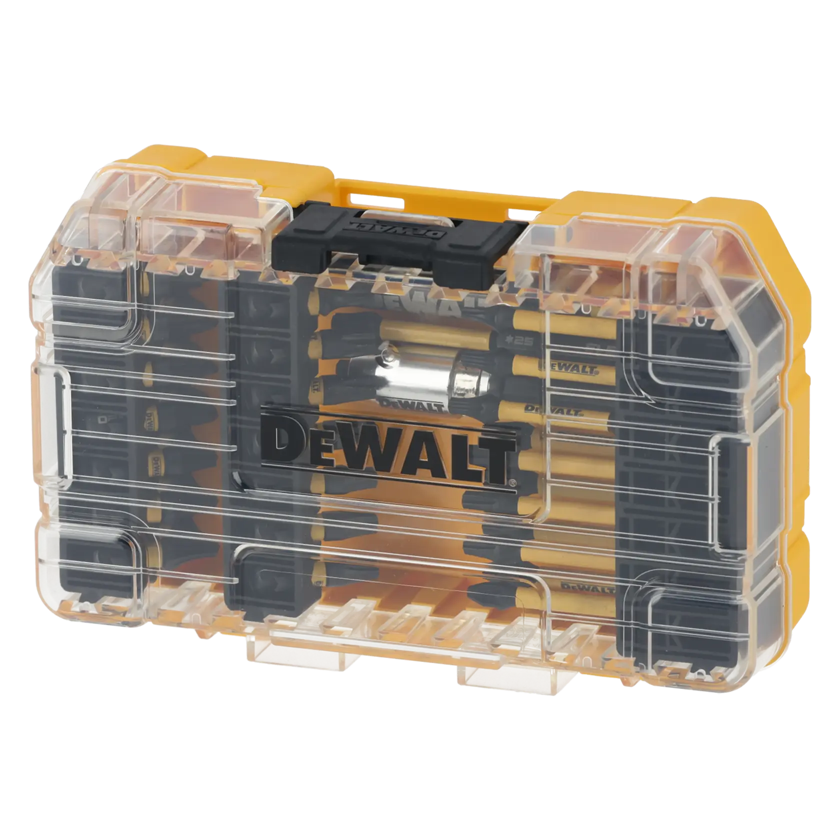 Set d'embouts DEWALT jaune et noir dans une boîte transparente avec logo, contient divers embouts de tournevis.
