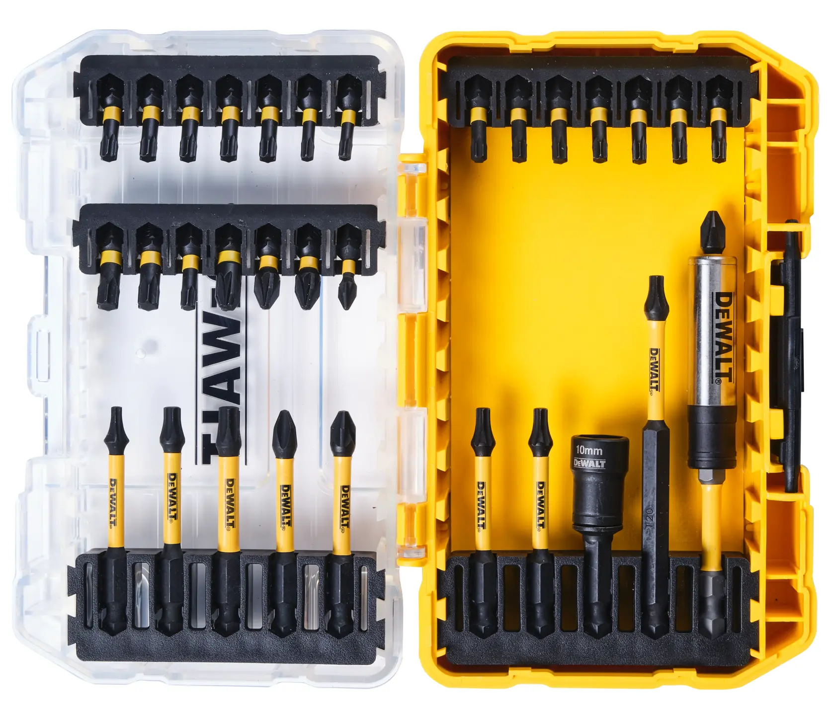Set de forets et embouts DEWALT DT70747T dans un étui jaune avec divers embouts et accessoires.