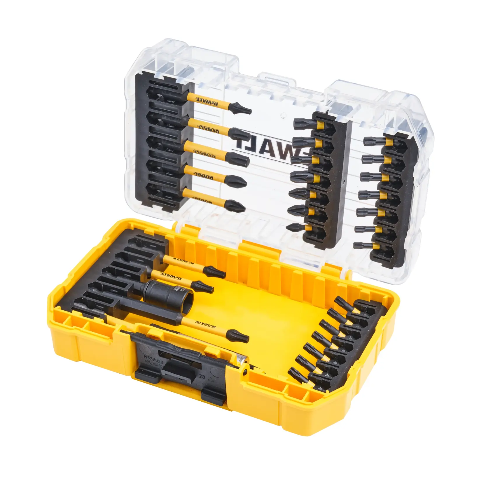 Boîte jaune DEWALT ouverte avec embouts de tournevis et porte-embouts rangés en lignes.