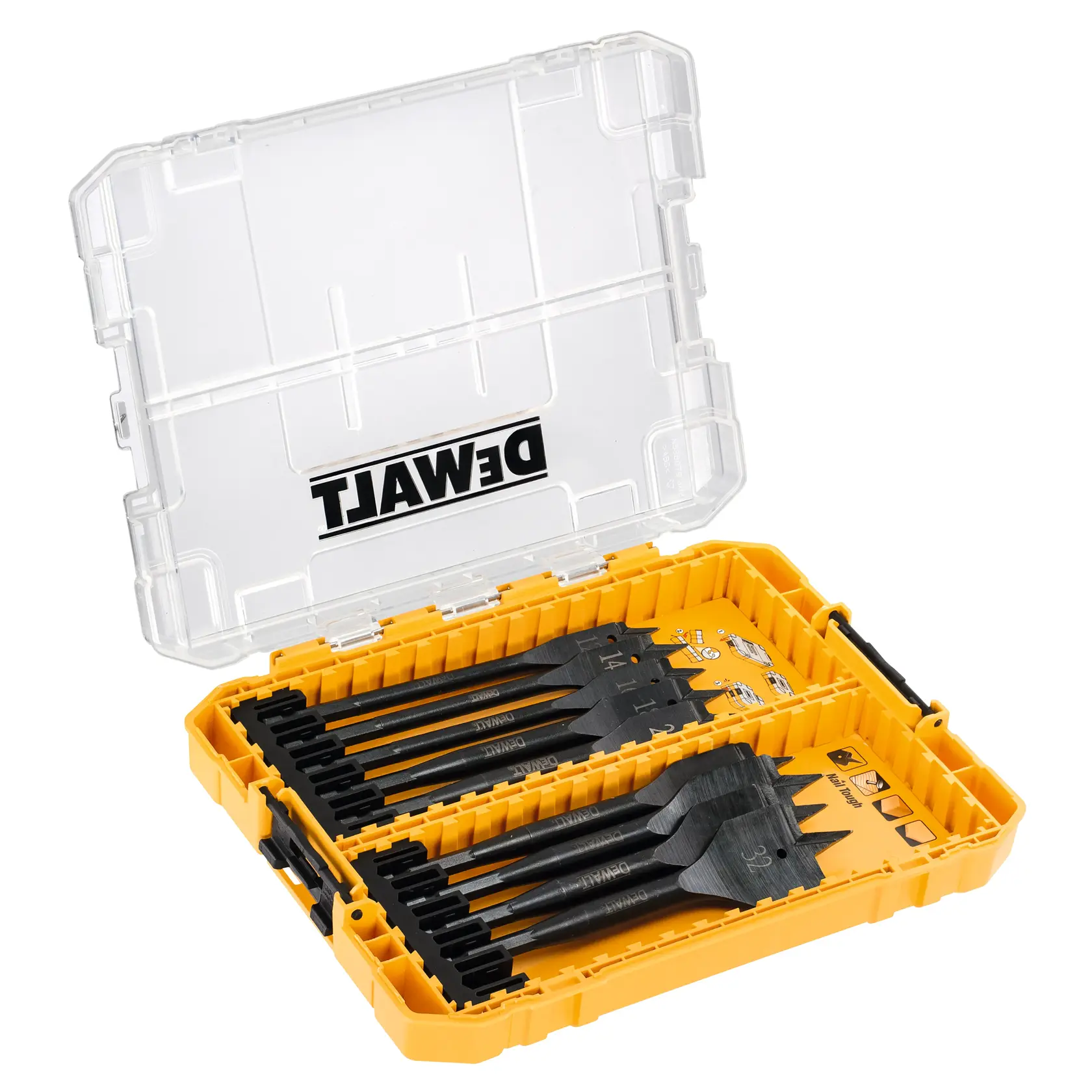 Jeu de forets à bois DEWALT DT70751 dans une boîte jaune à couvercle transparent.