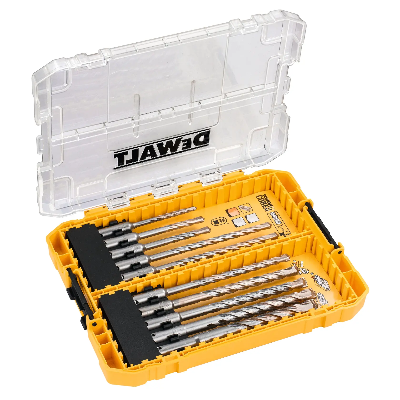 Un ensemble de forets DEWALT DT70753 dans une boîte de rangement en plastique jaune avec un couvercle transparent. L'ensemble comprend plusieurs forets en métal organisés en deux rangées.