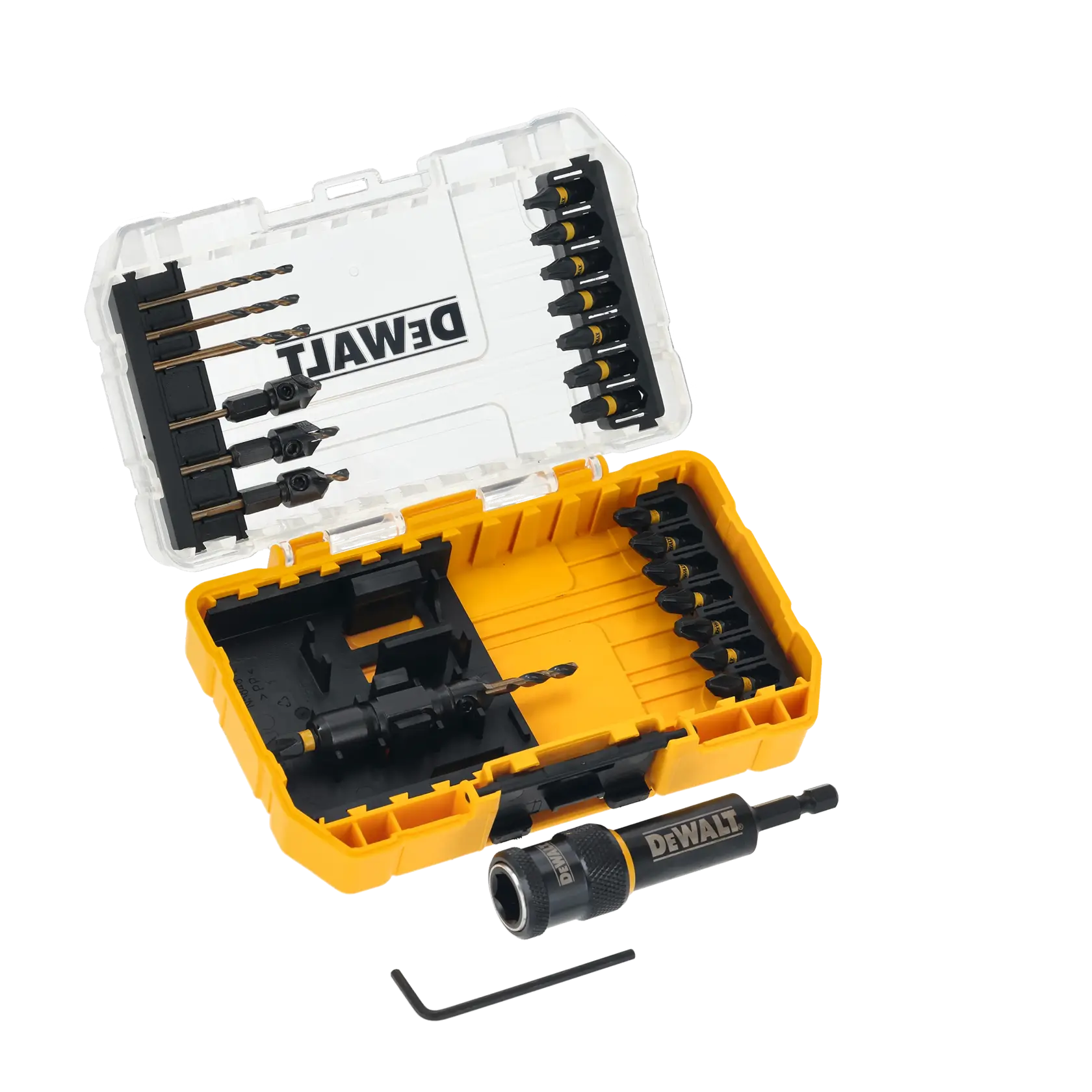 Coffret jaune DEWALT de forets, SKUs DT70779T et DT70779T-QZ, porte-embout et clé hexagonale.