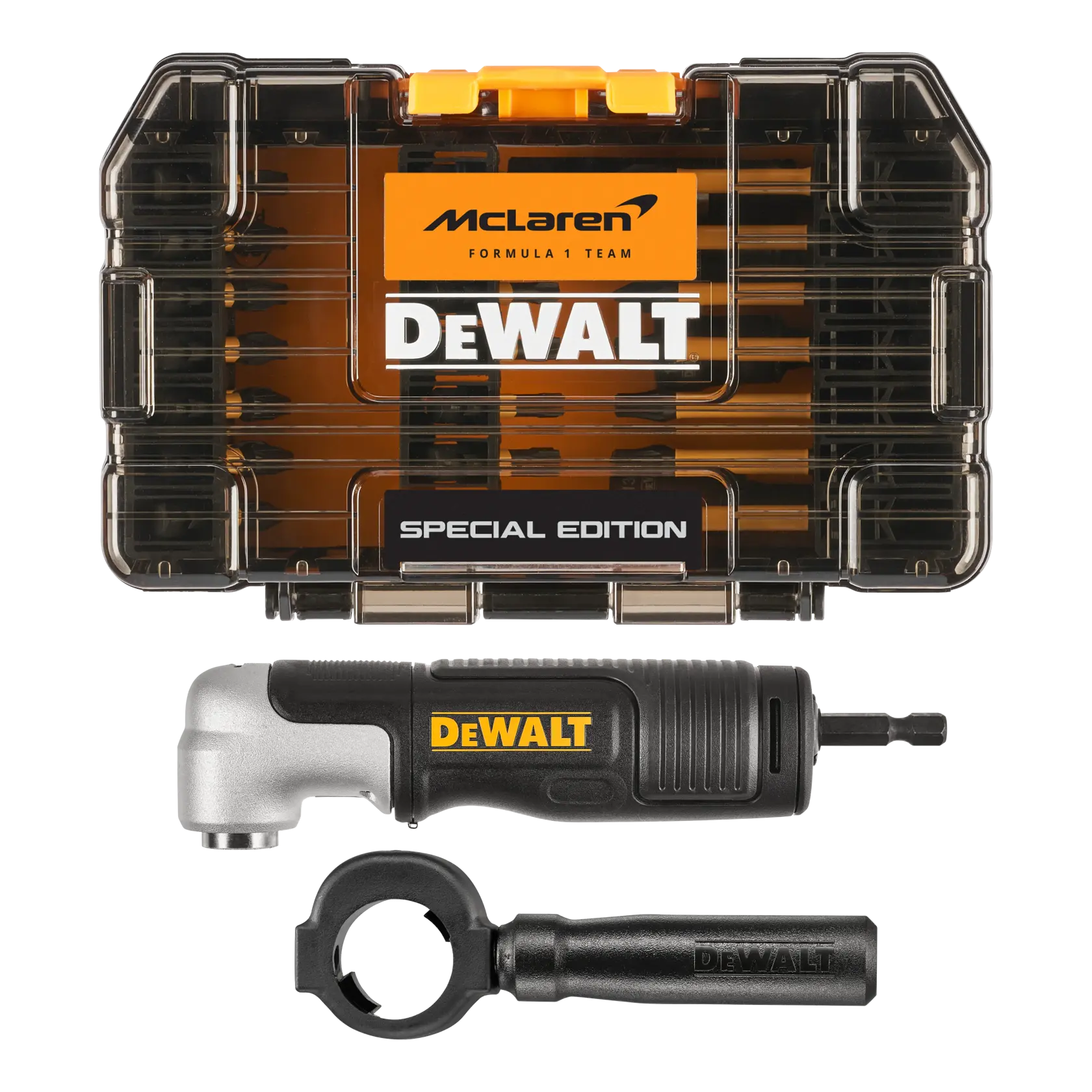 Un ensemble d'outils édition spéciale DEWALT en collaboration avec l'équipe McLaren de Formule 1. L'ensemble comprend un boîtier d'outils transparent noir et orange avec les logos DEWALT et McLaren, une pièce de fixation pour perceuse inclinée et une poignée détachable noire.