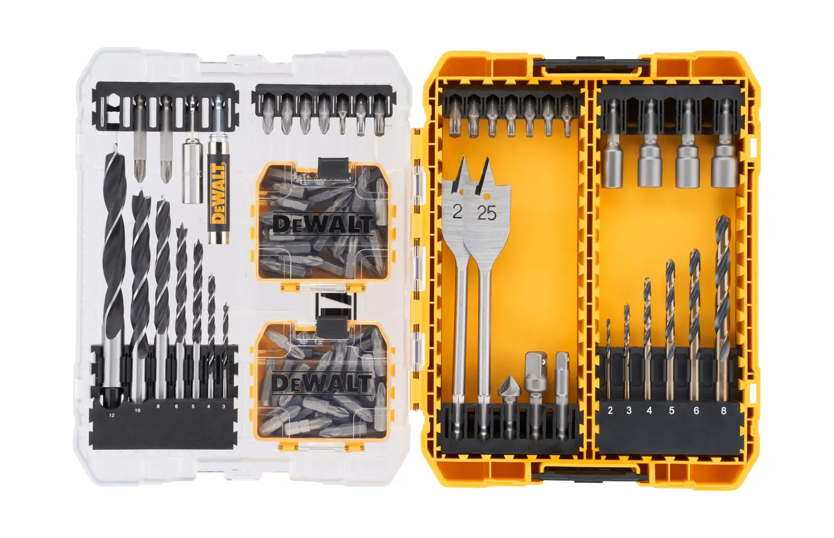 Set de forets et embouts DEWALT dans une boîte jaune, avec divers accessoires rangés à l’intérieur.