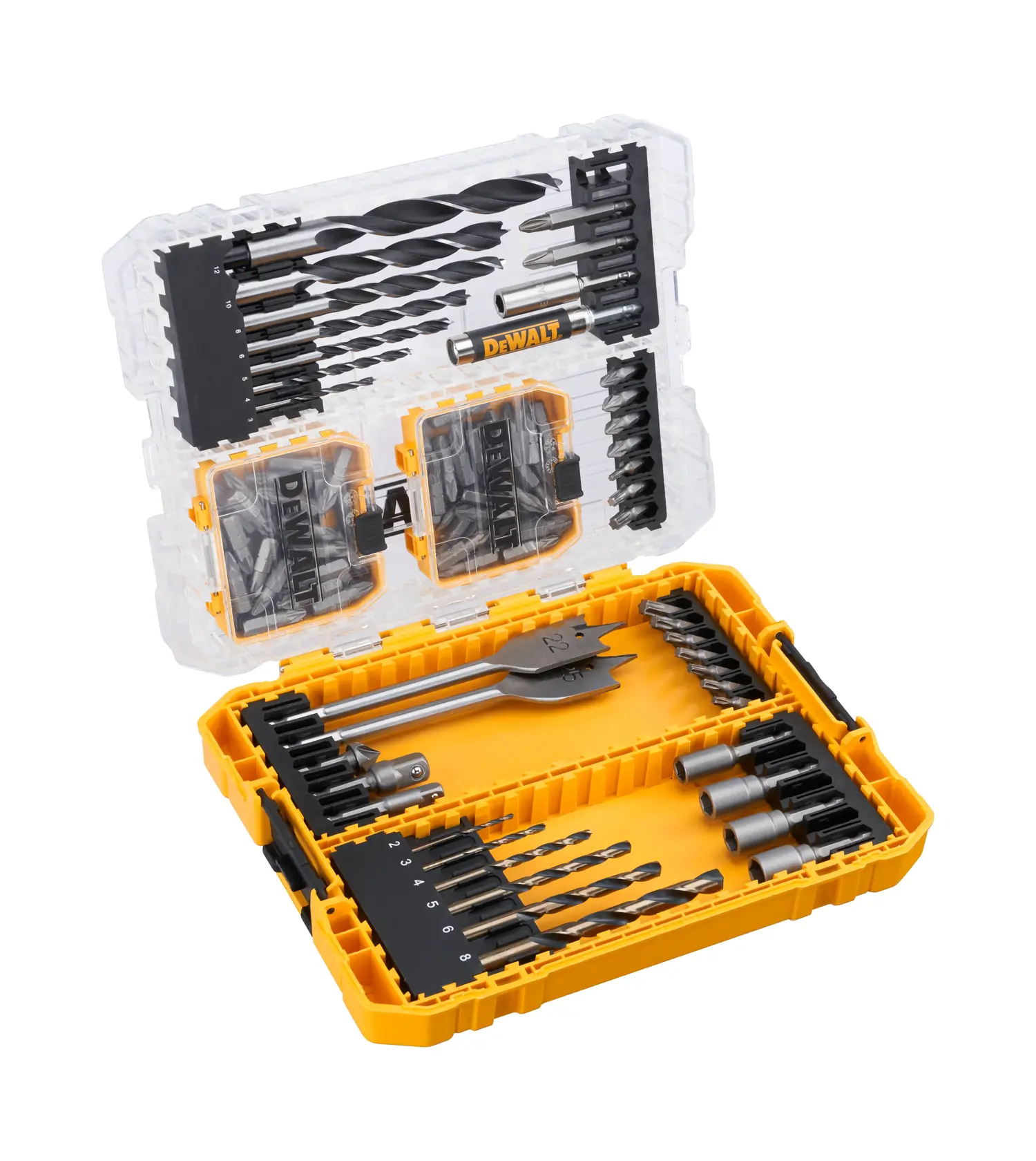 Jeu de forets et embouts DEWALT dans un coffret jaune avec compartiments pour outils organisés.