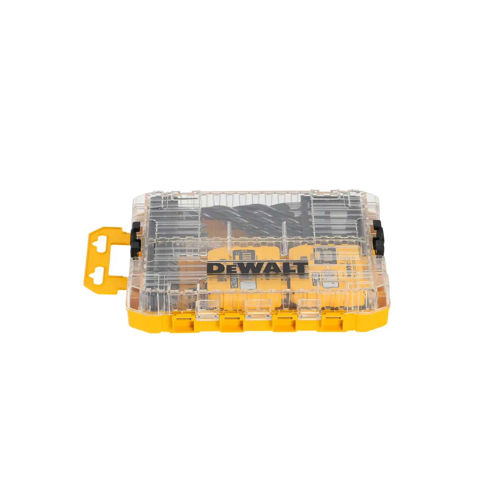 Boîte de rangement DEWALT jaune et transparente avec forets à l'intérieur, présentée fermée sur fond blanc.