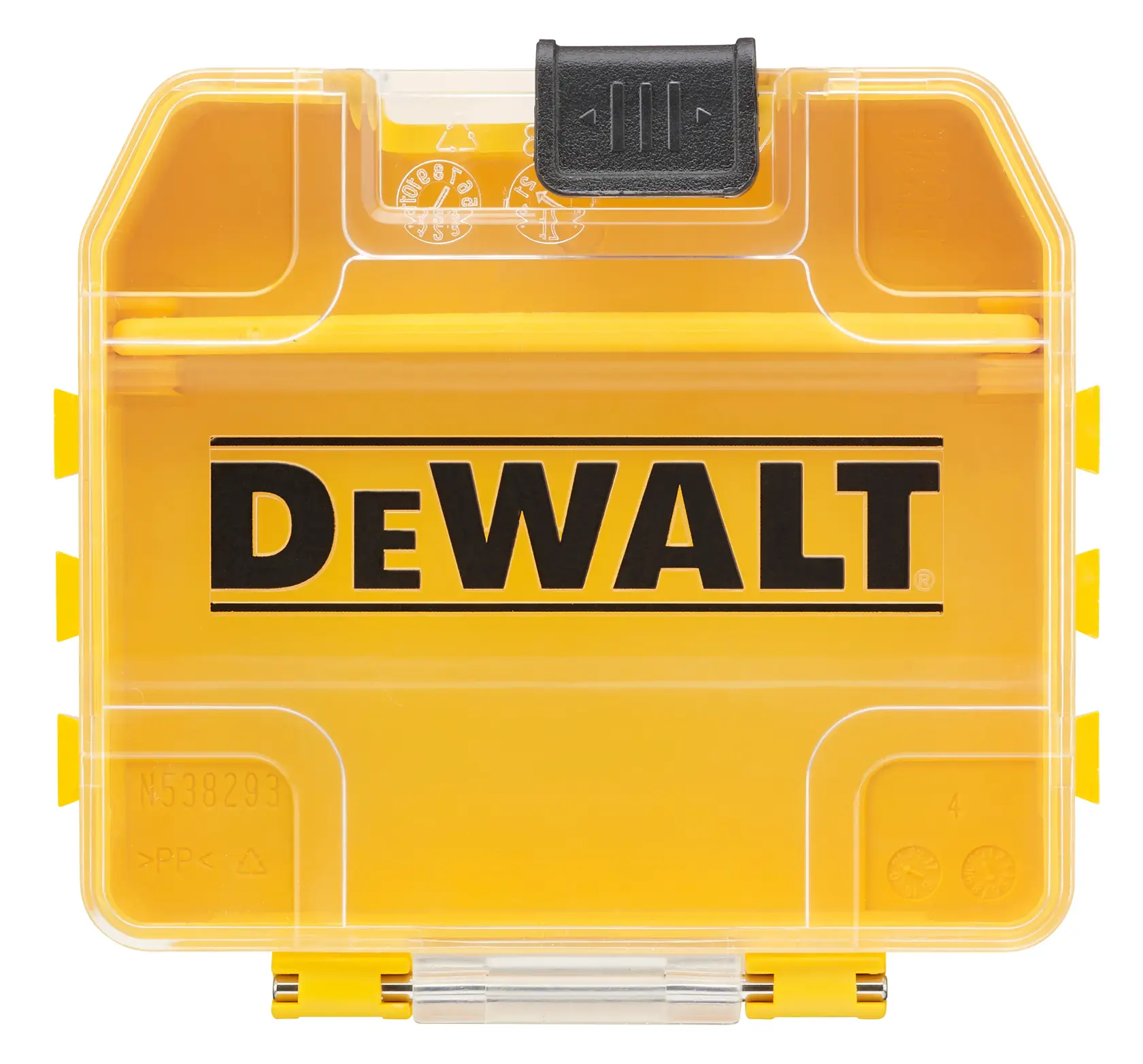 Boîte de rangement DEWALT jaune en plastique avec couvercle transparent et fermeture noire, pour petits accessoires.