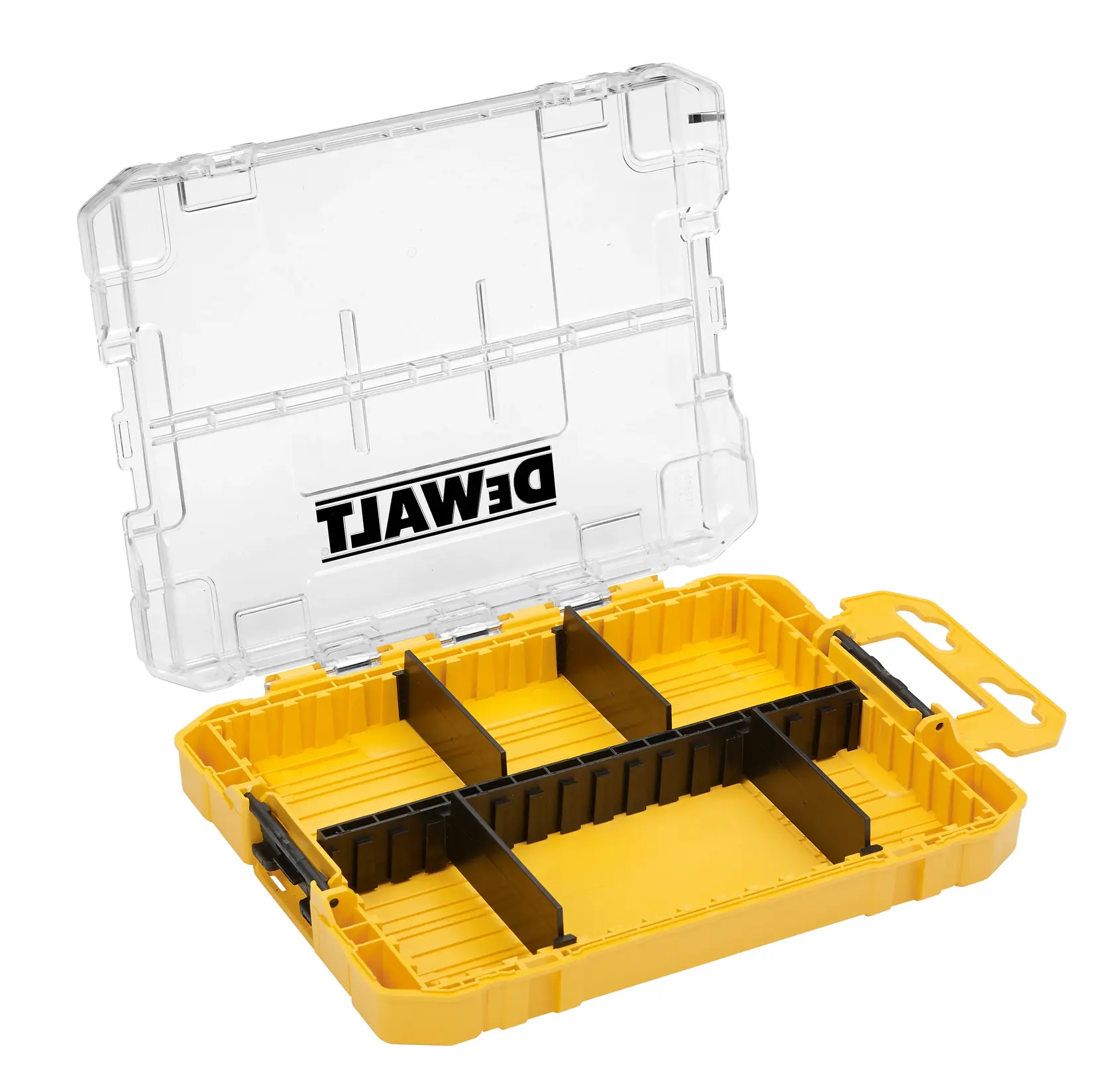 Photo de la boîte jaune organisateur DEWALT DT70802 avec couvercle transparent et séparateurs noirs, vue du dessus.