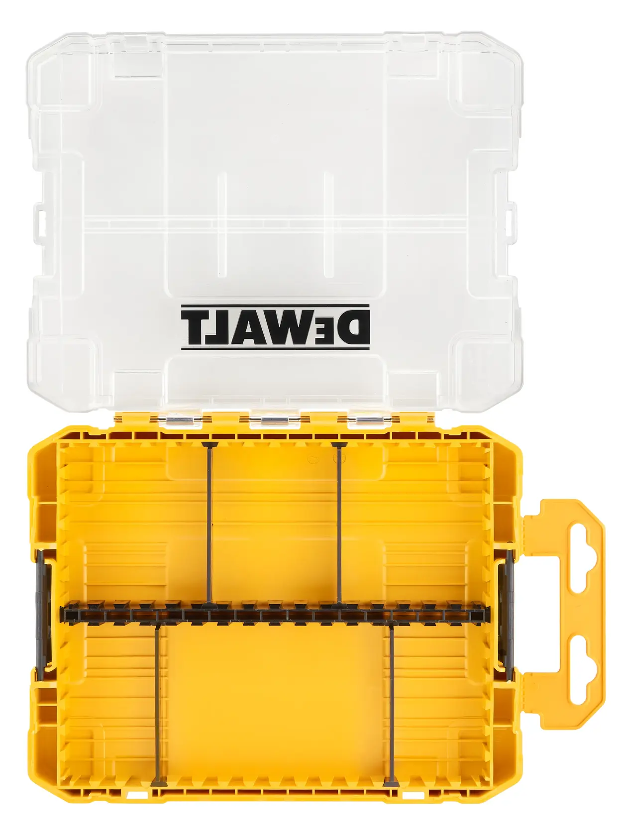 Photo du coffret jaune DEWALT DT70802, couvercle transparent ouvert vu du dessus, intérieur vide, rangement outils.