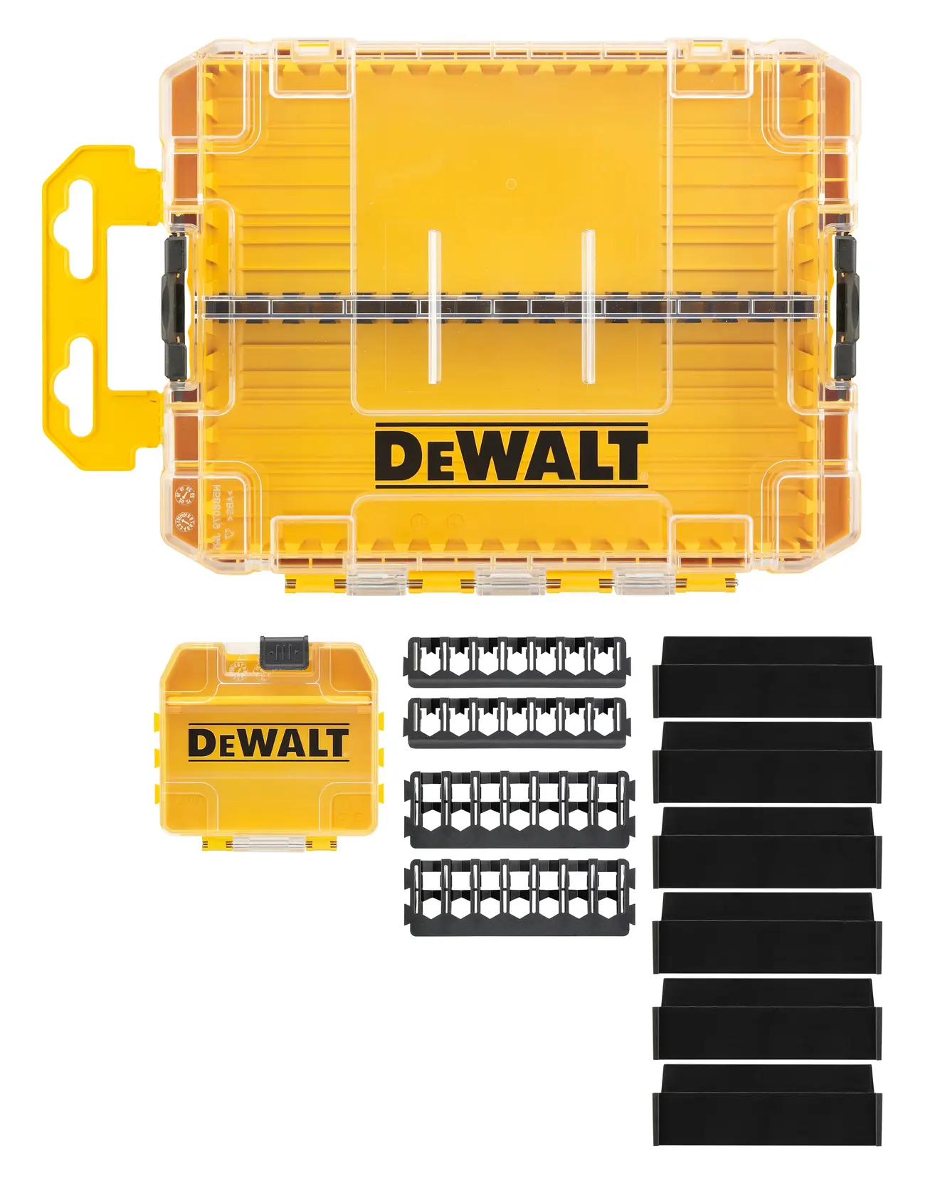 Photo de l’organiseur jaune DEWALT DT70802 avec couvercle transparent, séparateurs et rangements.