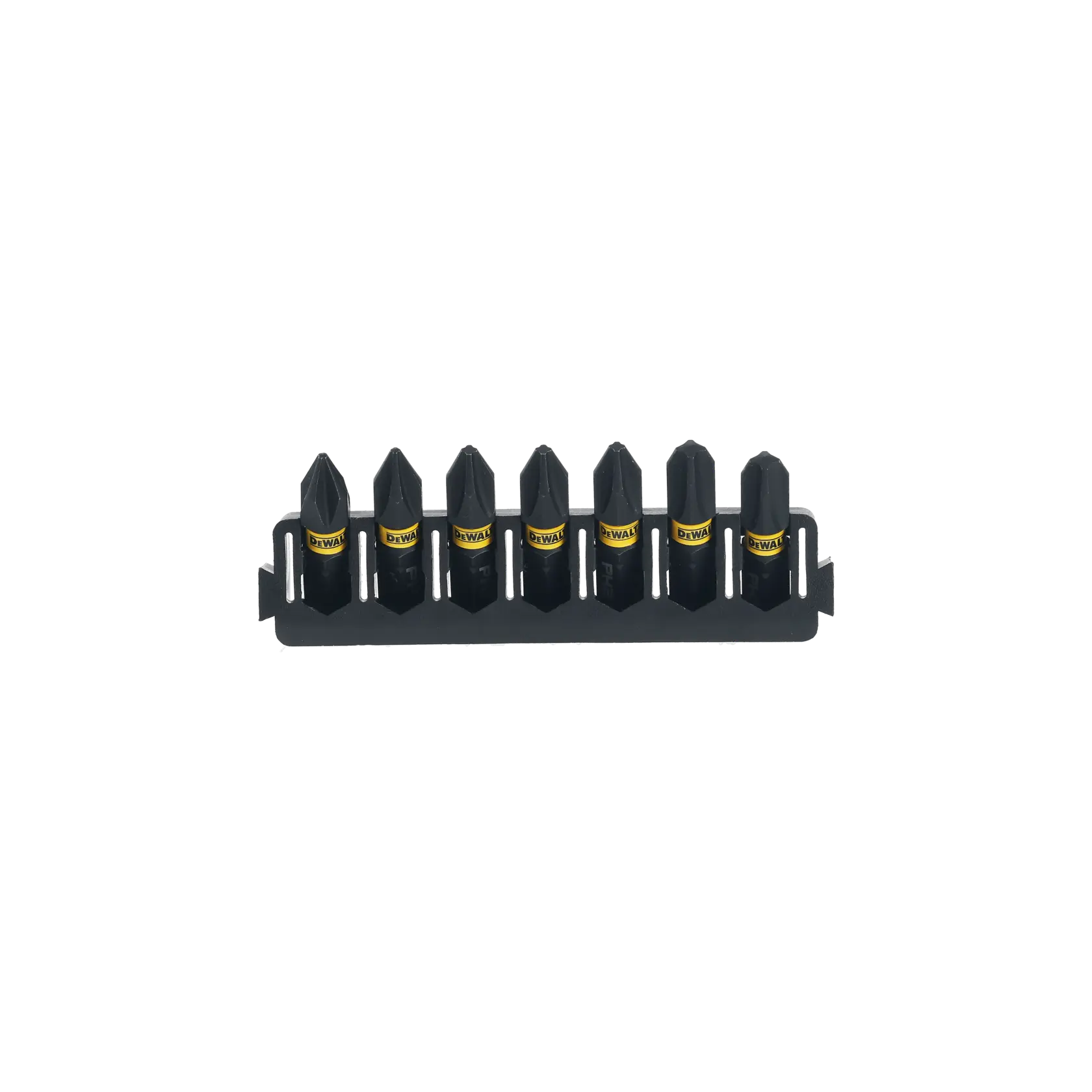 Lot DEWALT de sept embouts noirs pour tournevis dans un support, alignés sur fond blanc.