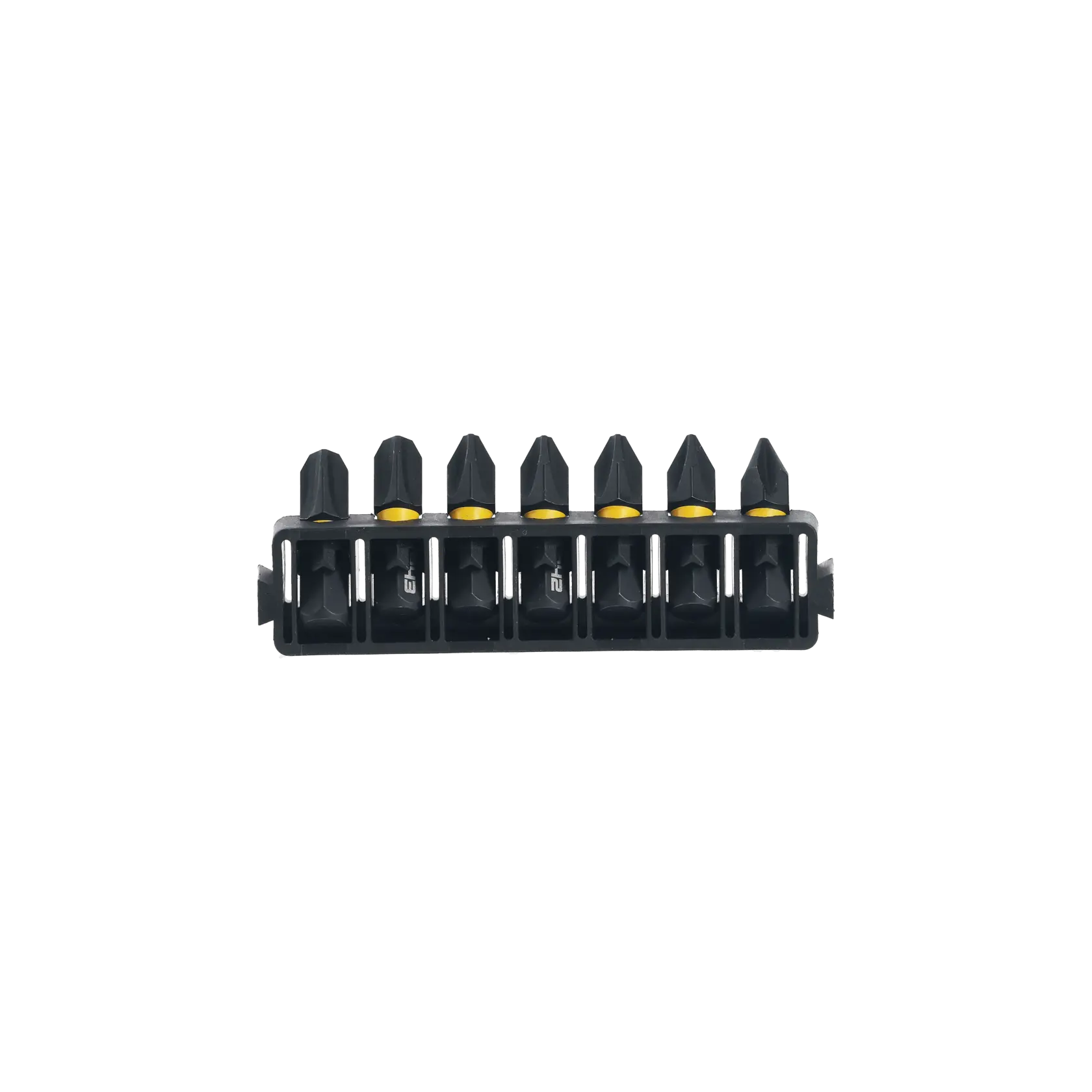 Set de mèches DEWALT noir avec sept embouts de tournevis dans un support, sur fond blanc.