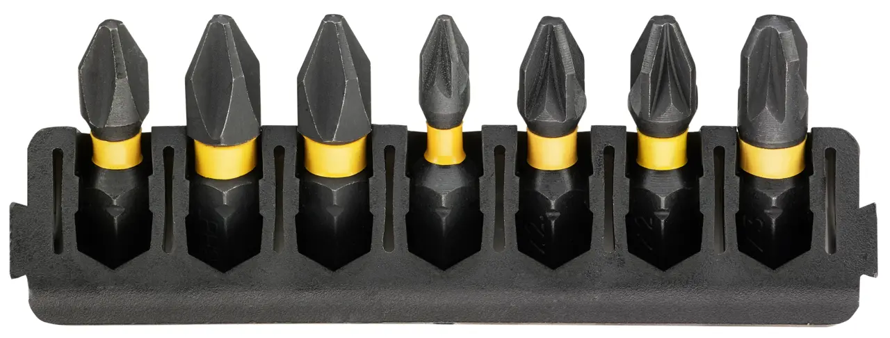 Barrette de 7 embouts de vissage Phillips/Pozidriv impact torsion 25 mm : PH1, PH2 (X2), PZ1, PZ2 (X2), PZ3