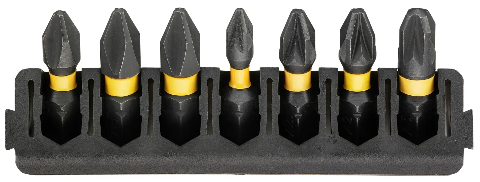 Set de sept embouts DEWALT dans un support noir, adapté aux perceuses et tournevis.