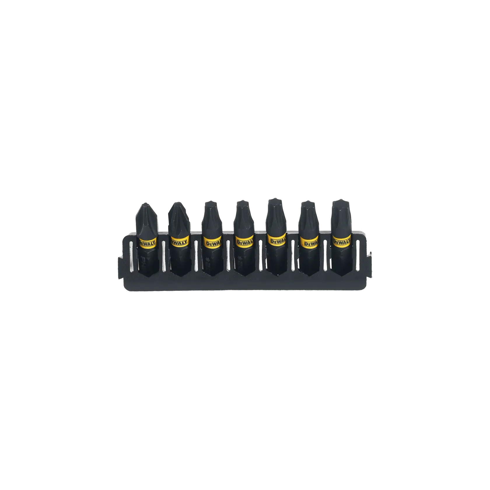 Set DEWALT de sept embouts de tournevis noirs dans un support, adapté à diverses utilisations.