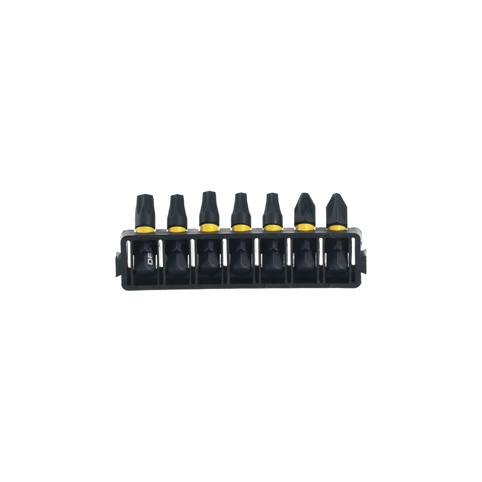 Lot de sept embouts de tournevis DEWALT noirs dans un support en plastique, pour différents types de vis.