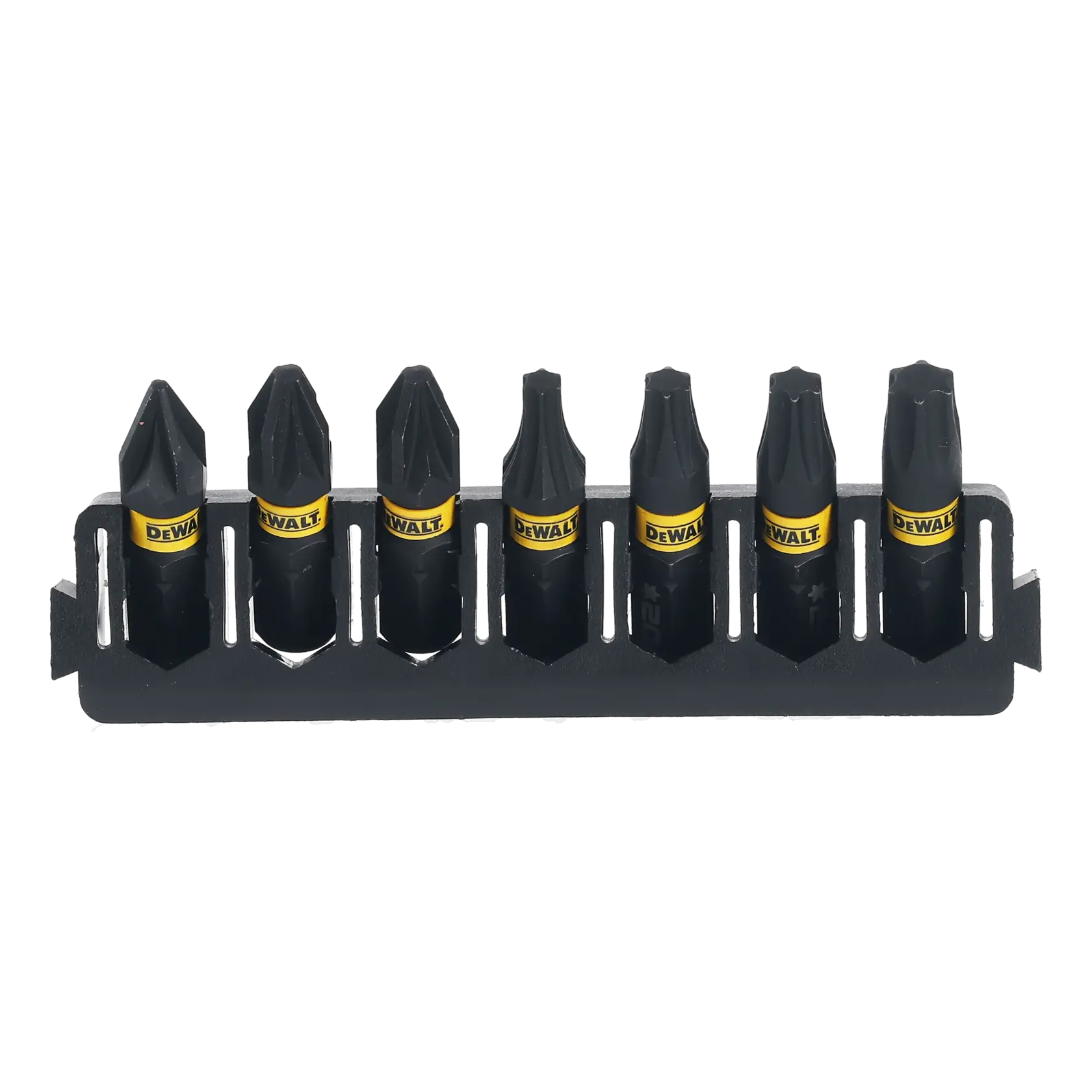 Set DEWALT de sept embouts de tournevis noirs en support, logo visible.