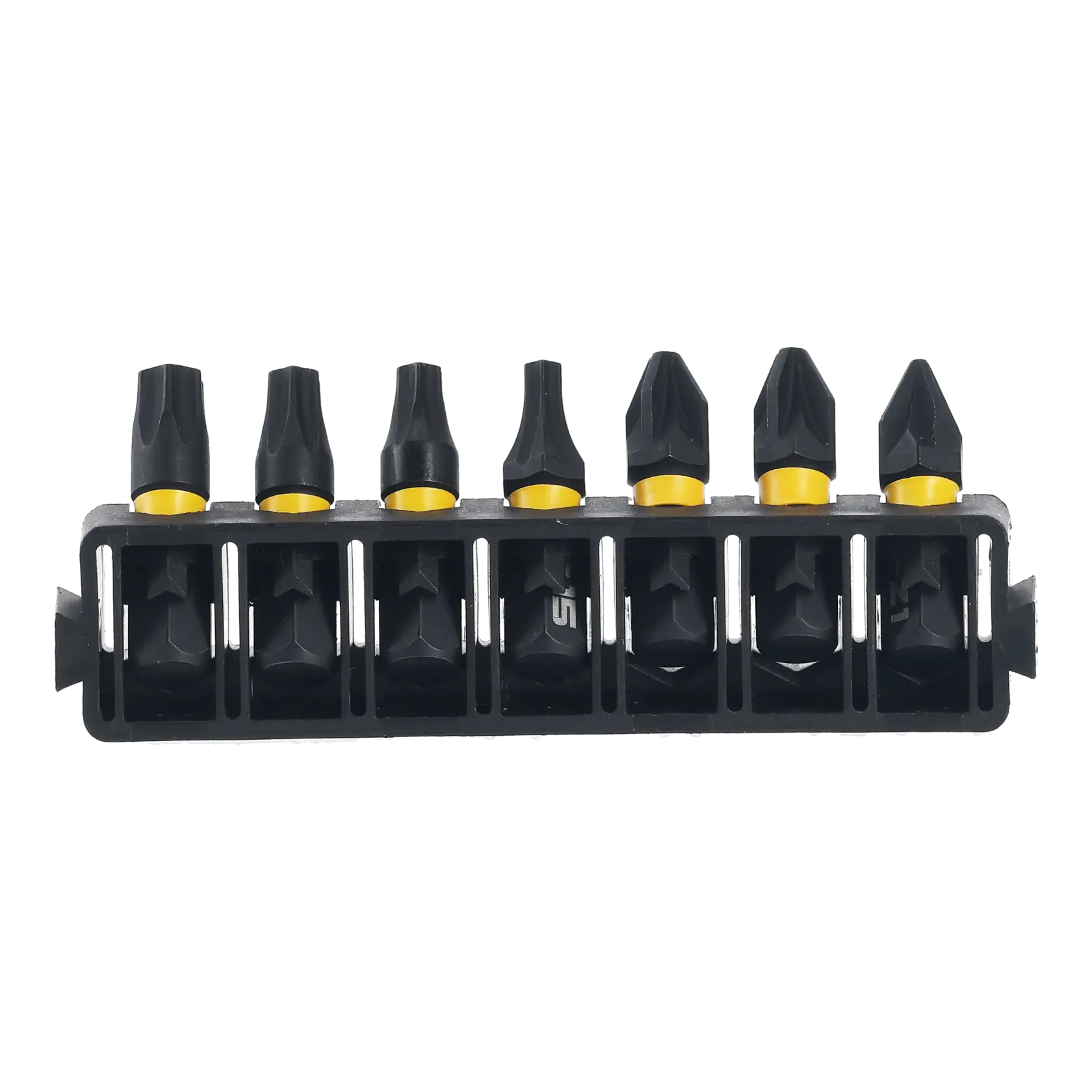 DEWALT DT70813, lot de sept embouts noirs avec bandes jaunes dans un support en plastique.