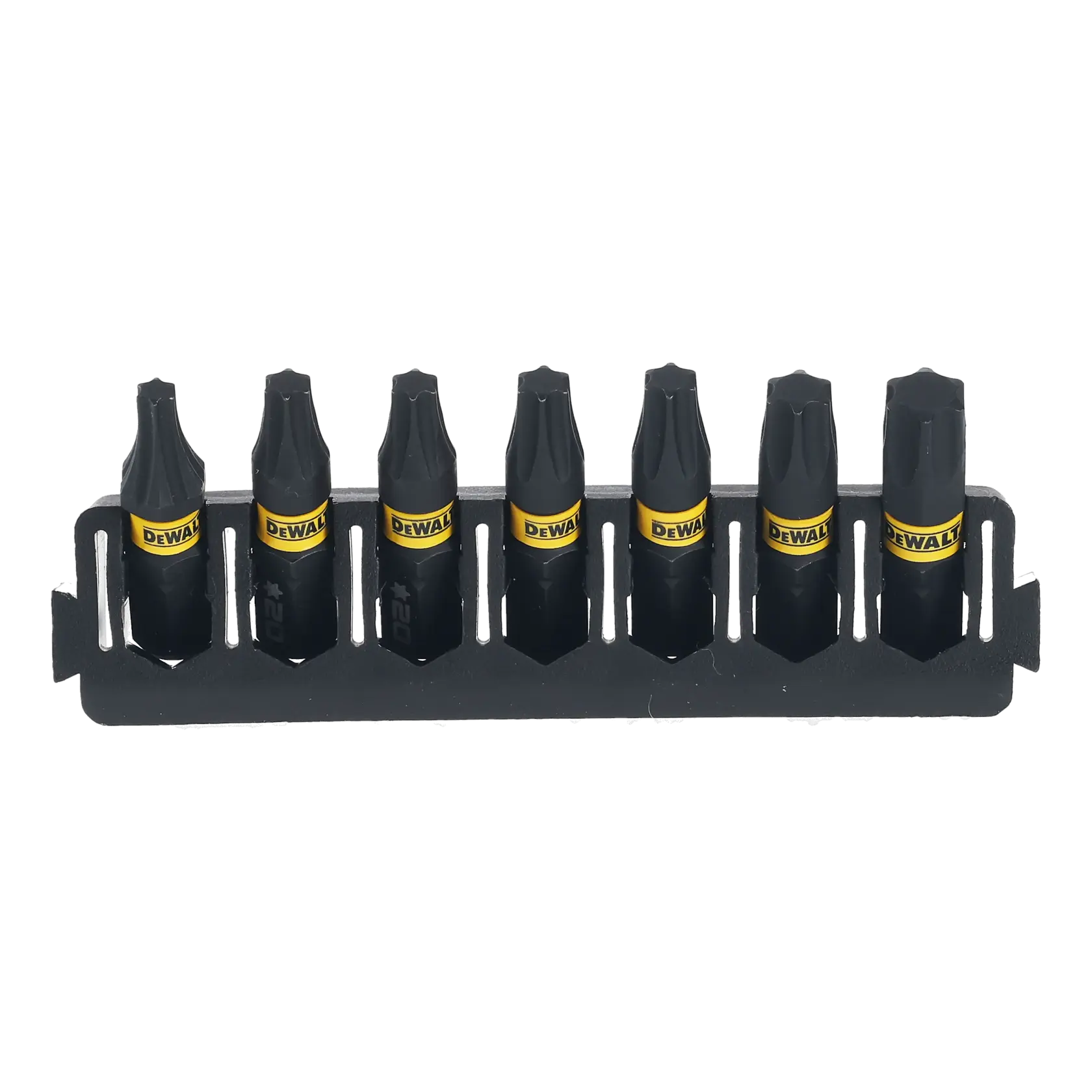 Sept embouts de tournevis DEWALT noirs dans un support, alignés, pour outils électriques.
