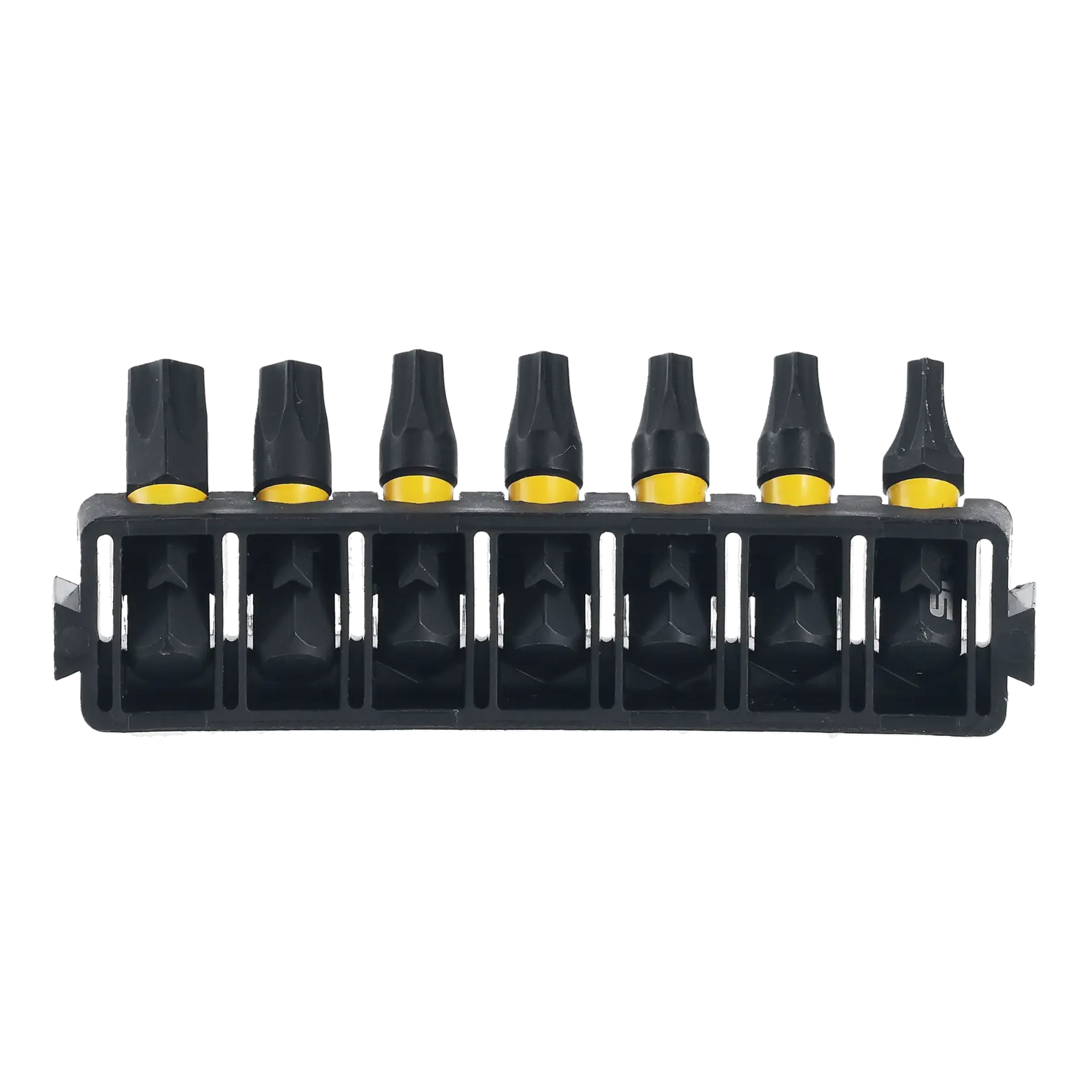 DEWALT DT70816, jeu de sept embouts noirs dans un support en plastique, vue de face.
