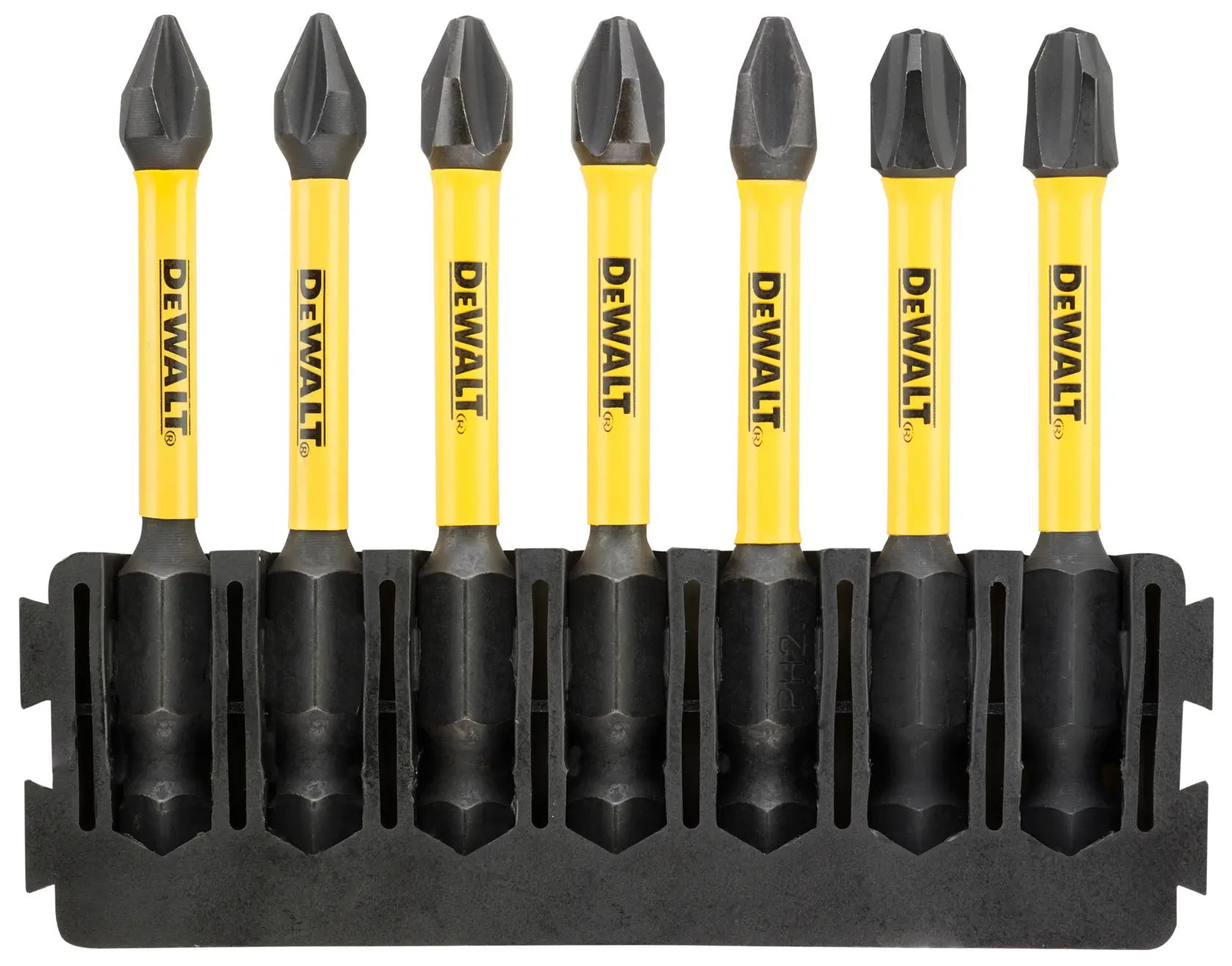 Six embouts DEWALT à manches jaunes dans un support noir, alignés verticalement.