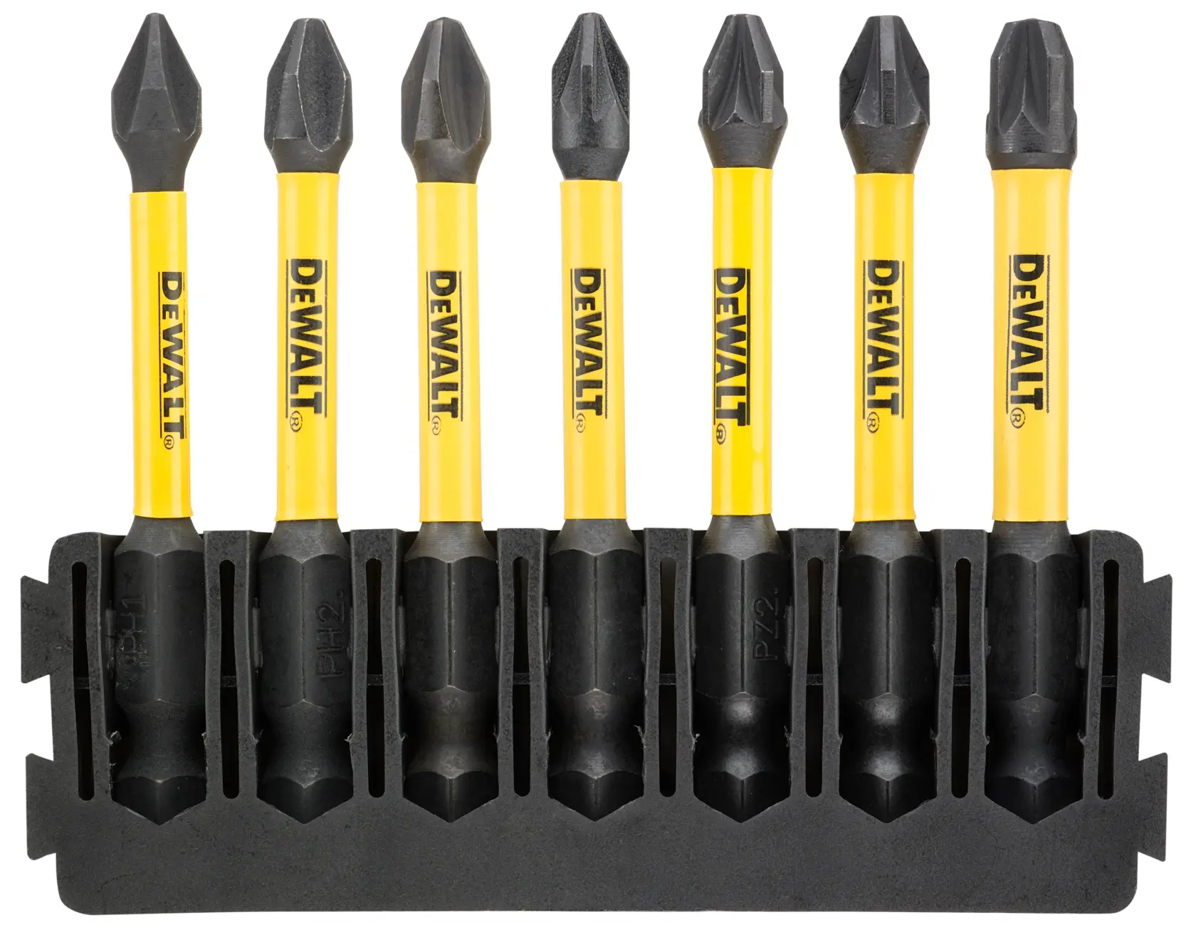 Ensemble DEWALT de six embouts de tournevis jaune et noir dans un support, présenté debout.