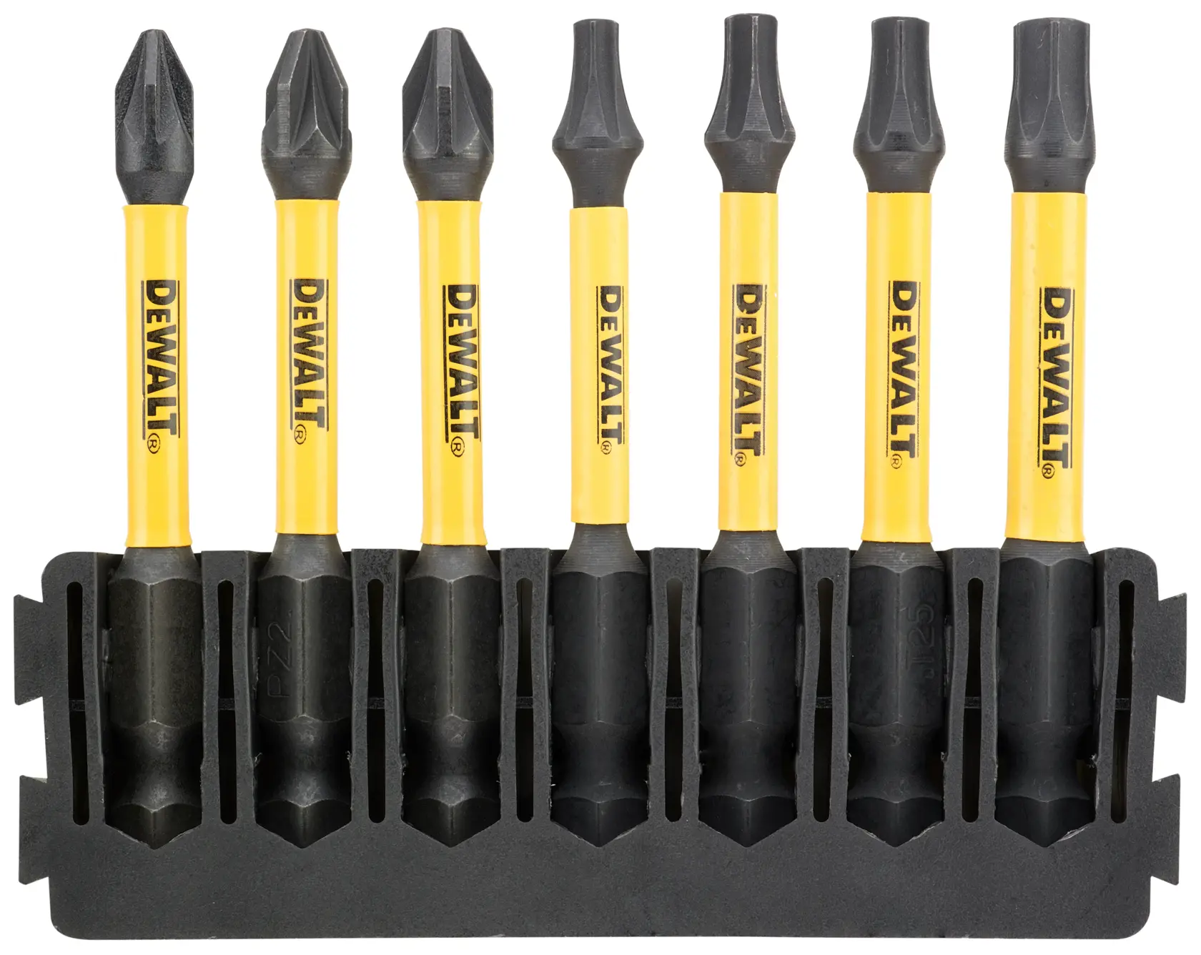 Lot DEWALT de six embouts de tournevis jaunes et noirs dans un support noir.