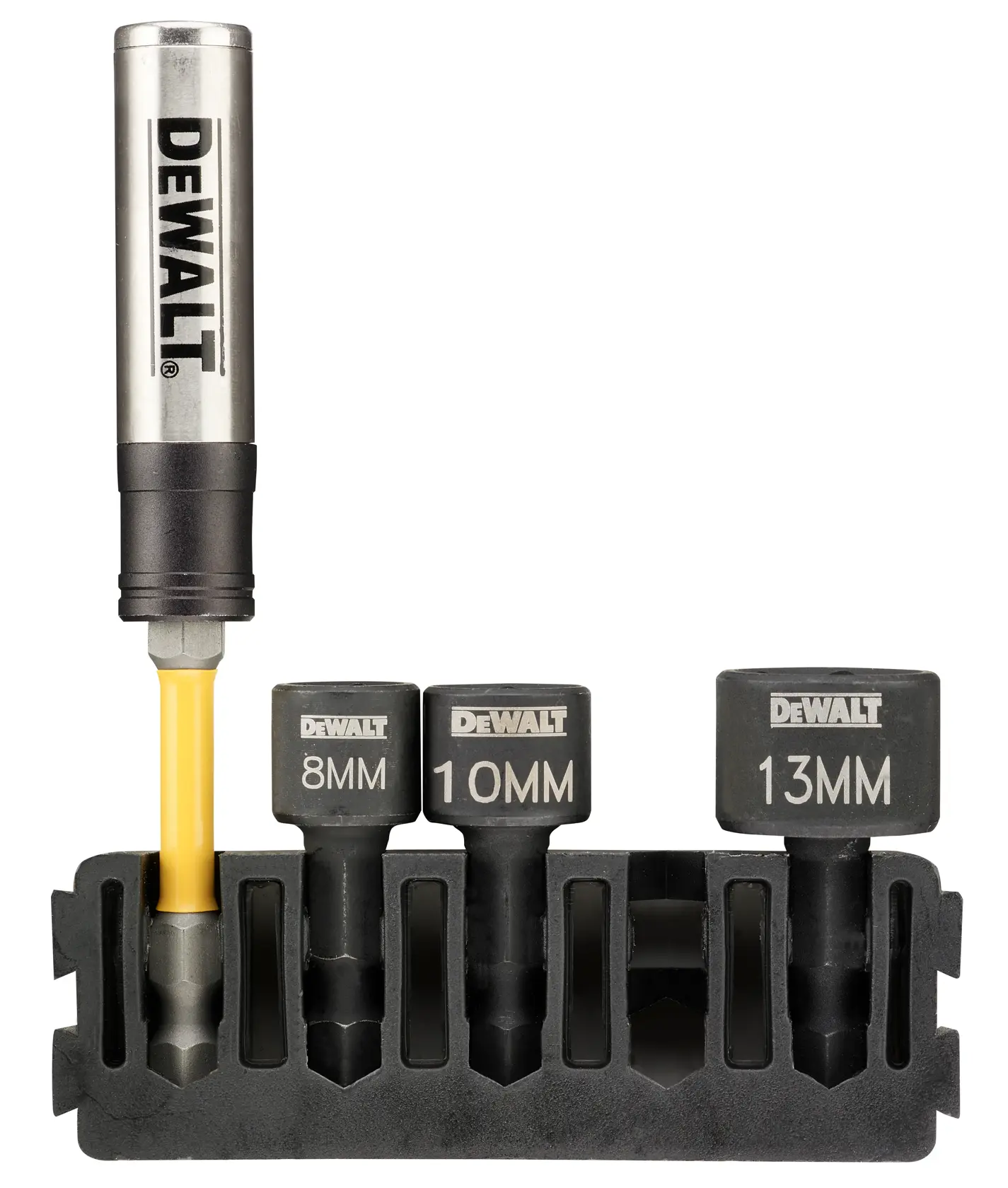 Set de douilles DEWALT avec support, tailles 8mm, 10mm, 13mm et porte-embout pour perceuses et outils.