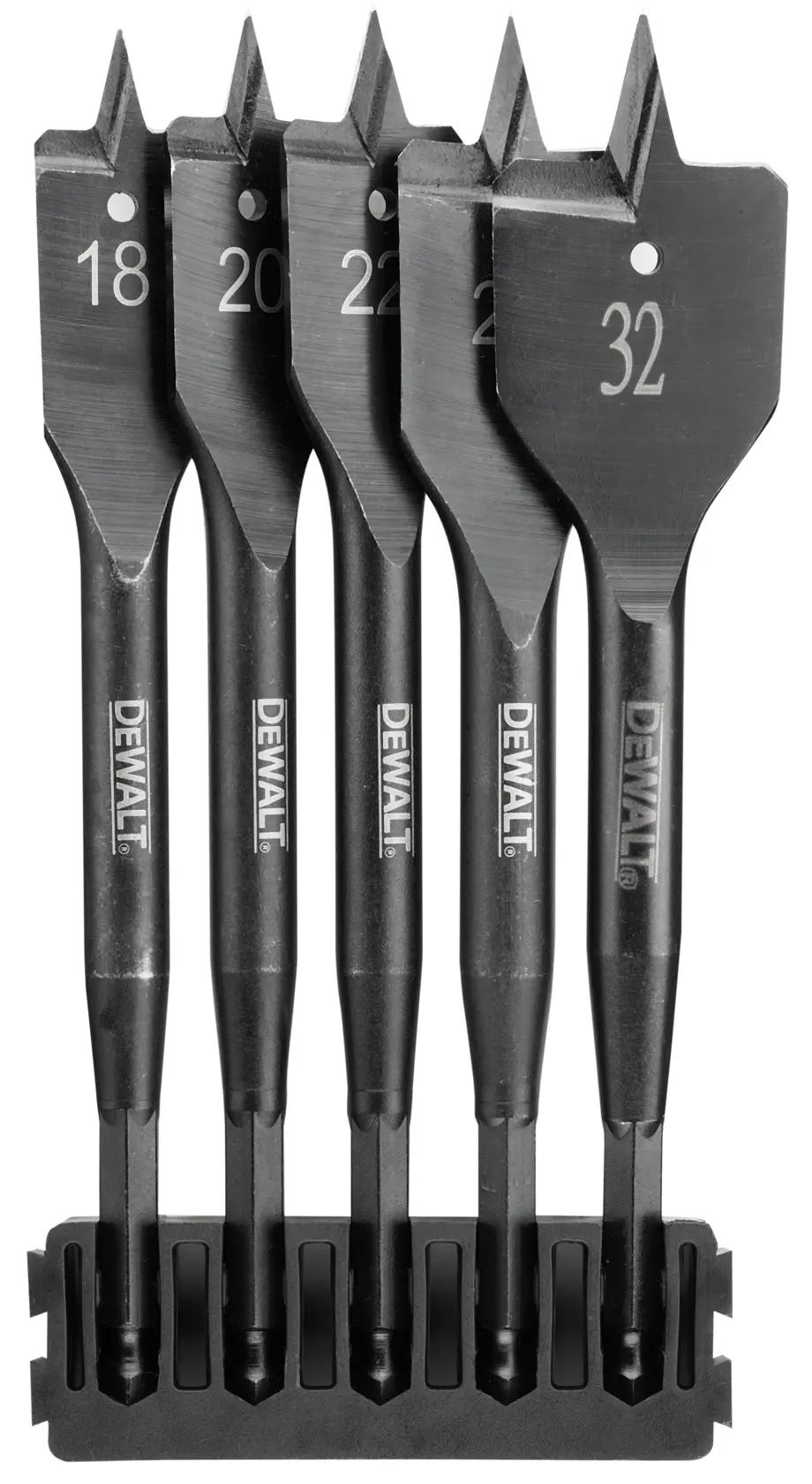 Set de mèches plates DEWALT pour bois, cinq tailles de 18 à 32mm, présenté dans un support noir.