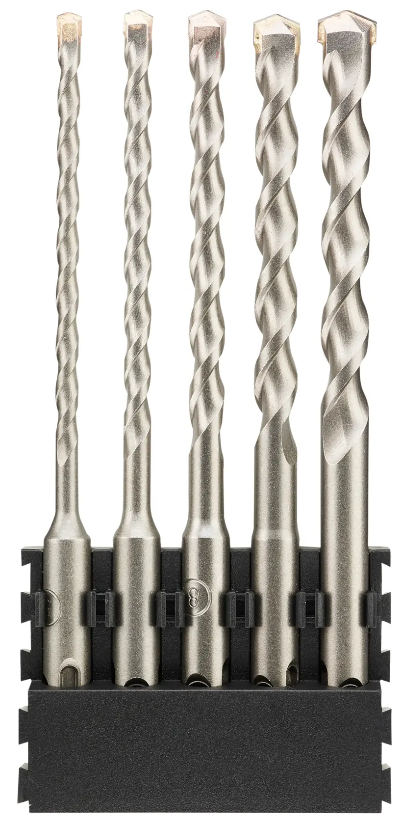Cinq forets à béton DEWALT dans un support noir, tailles variées, présentés sur fond blanc.
