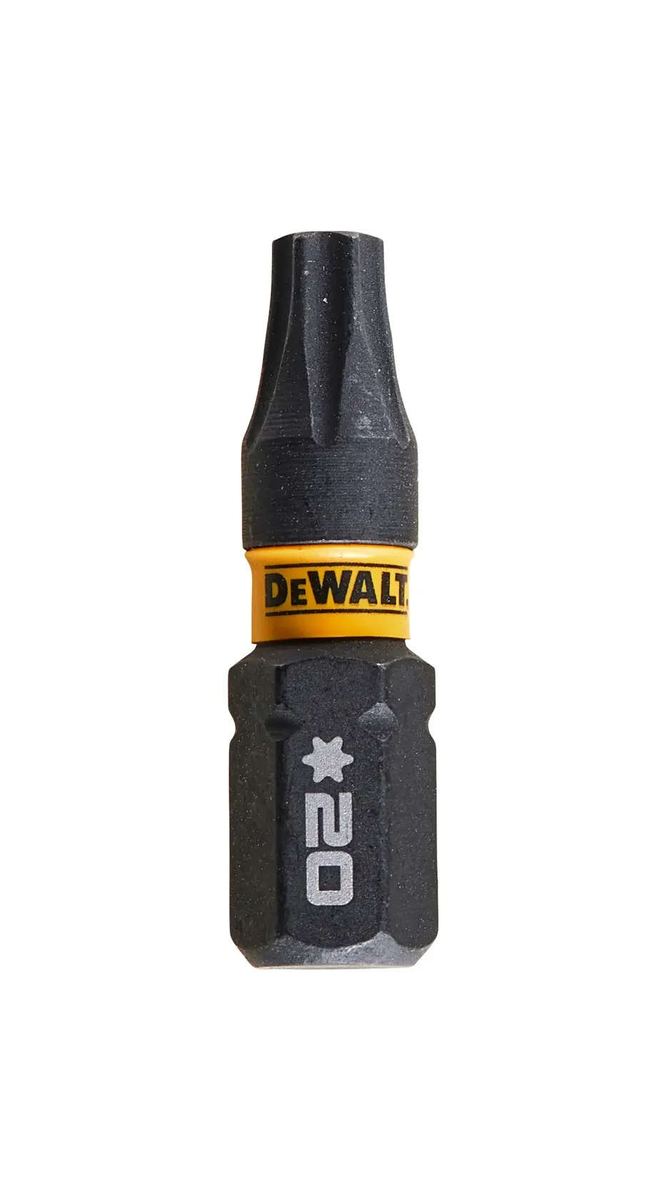 Embout de tournevis étoilé DEWALT DT7381T avec anneau jaune, taille T20, sur fond blanc.