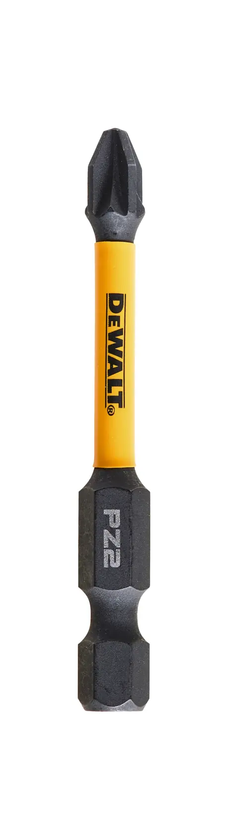 Embout de tournevis DEWALT DT7391T jaune et noir avec marquage PZ2, sur fond blanc.