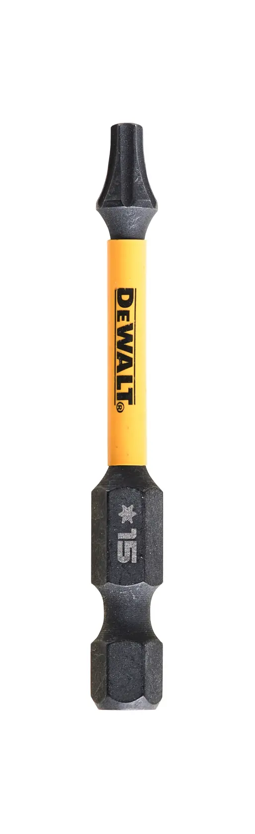 Embit à tête T15 jaune et noir DEWALT DT7394T pour perceuse, présenté debout sur fond blanc.
