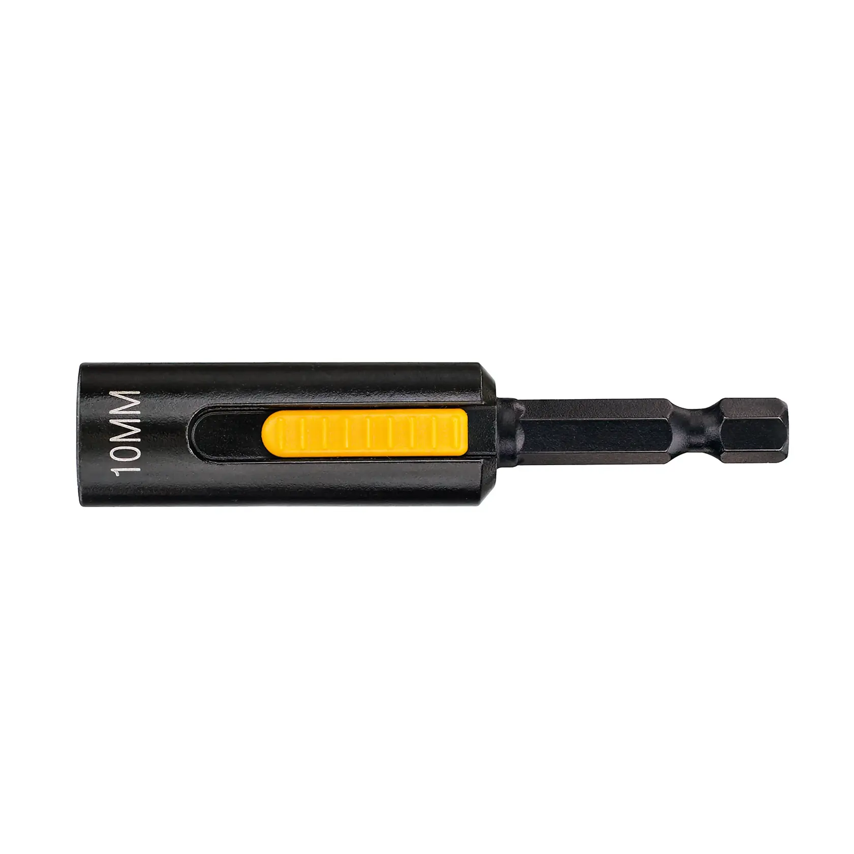 Un tournevis à douille magnétique noir DEWALT DT7440 de 10 mm avec un bouton coulissant jaune, conçu pour être utilisé avec des outils électriques.