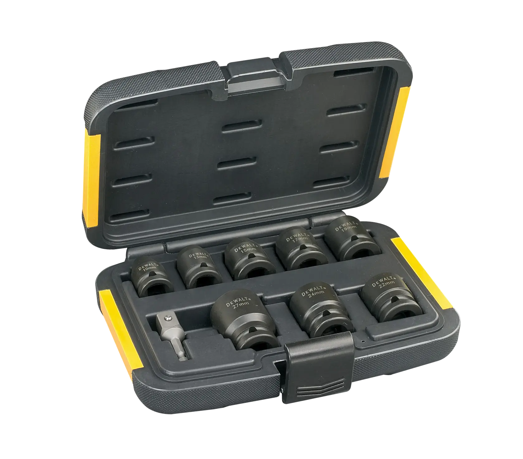 Coffret DEWALT noir et jaune avec douilles et adaptateur, ensemble d’outils pour vissage.