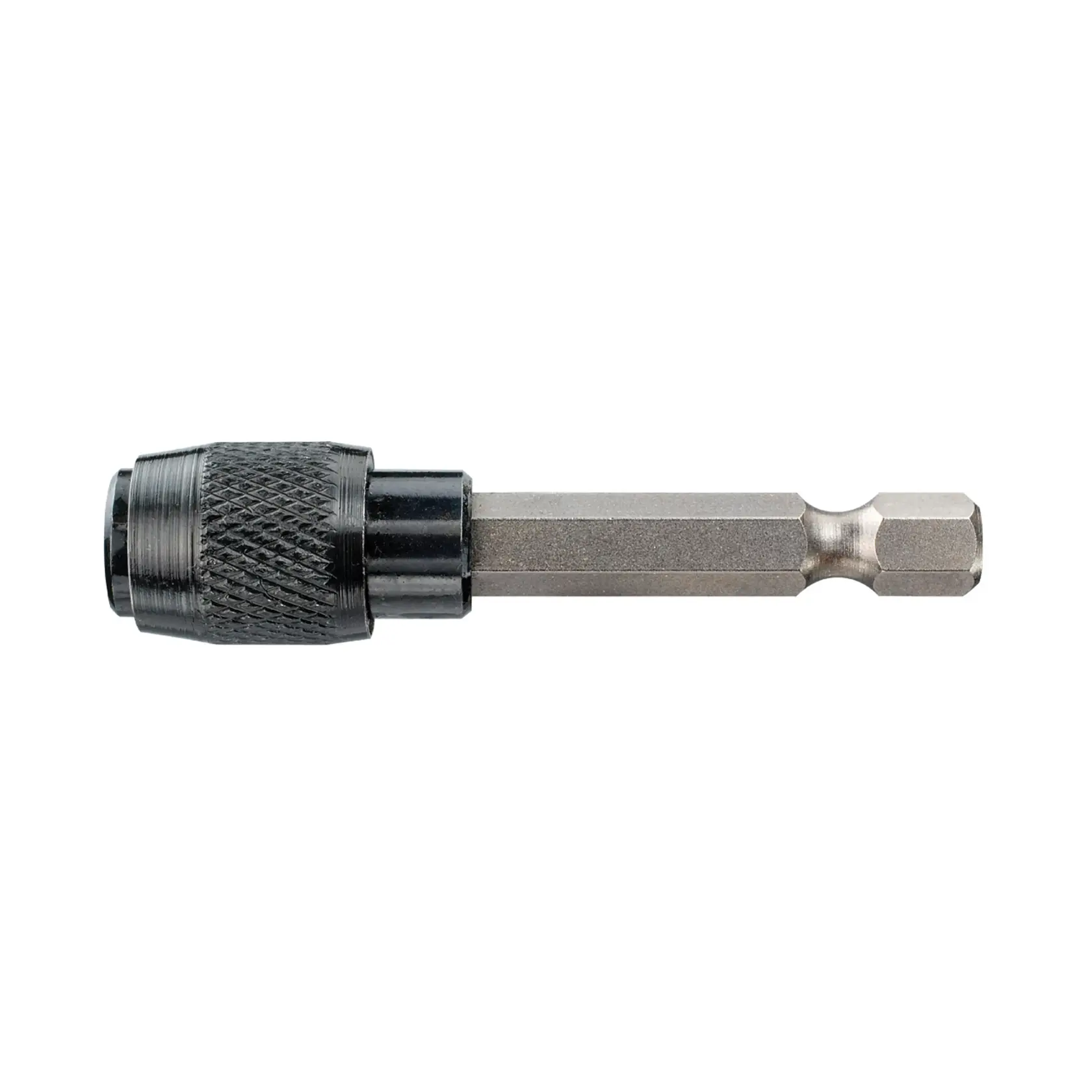 Porte-embout hexagonal à dégagement rapide pour outils électriques. Manchon noir texturé et axe argenté.