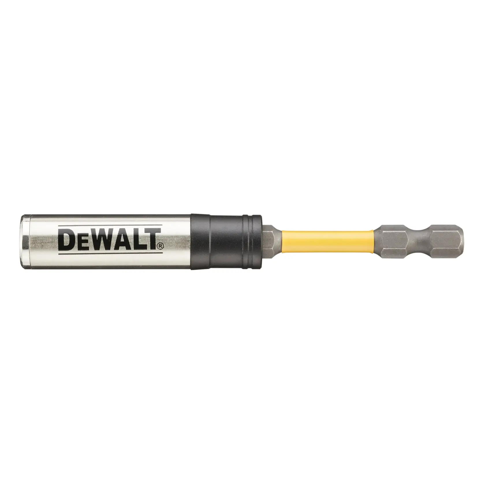 Porte-embouts pour tournevis de marque DEWALT avec tige jaune et queue hexagonale, conçu pour une utilisation avec des outils électriques.