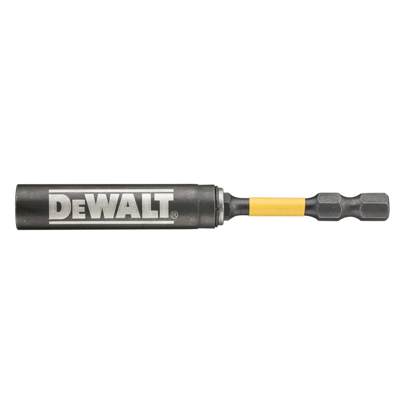 Image en gros plan d'un porte-embout magnétique de marque DEWALT avec une tige hexagonale et un manchon cylindrique, conçu pour une utilisation avec des outils électriques.