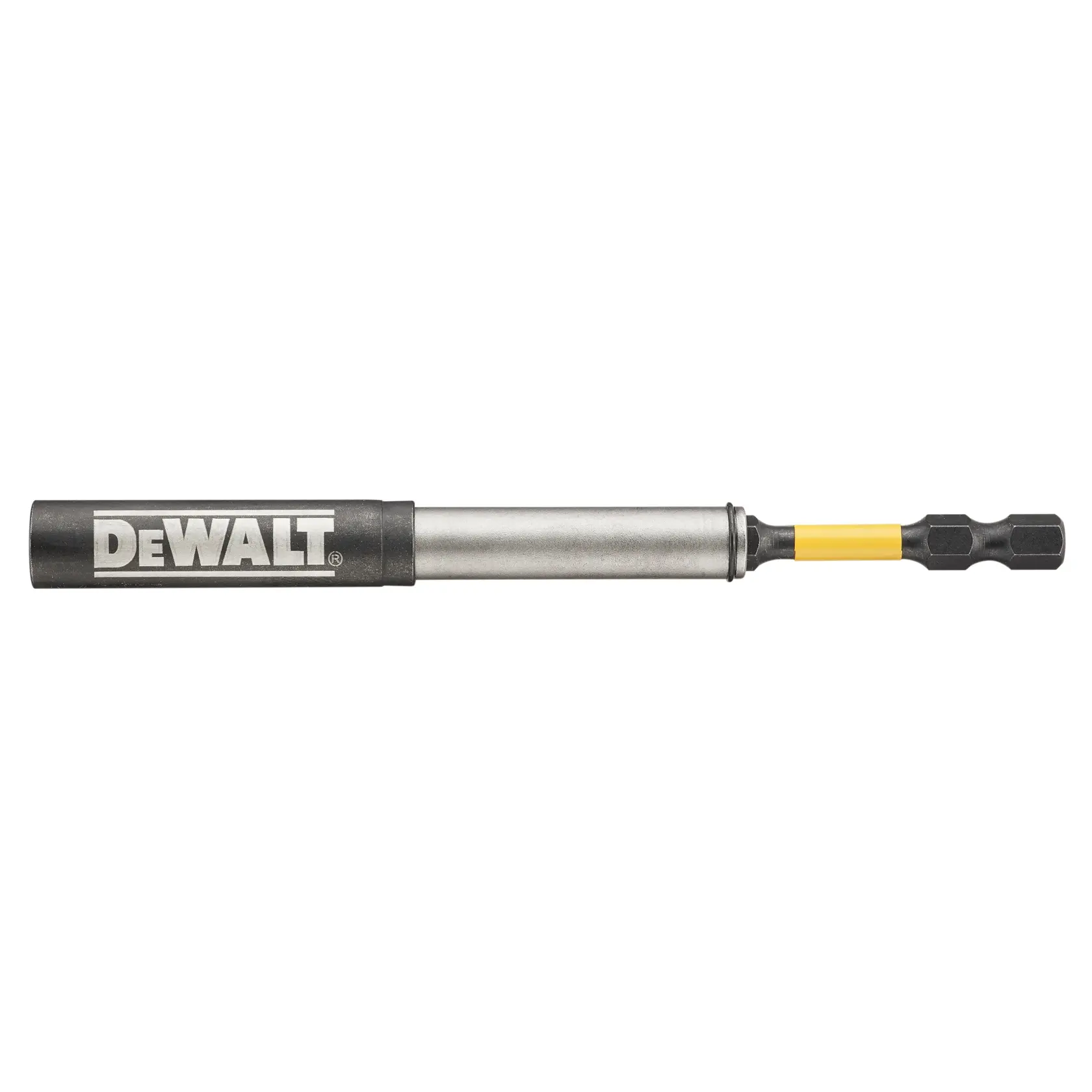 Un porte-embout magnétique pour tournevis de marque DEWALT avec une tige métallique allongée et un embout noir et jaune.