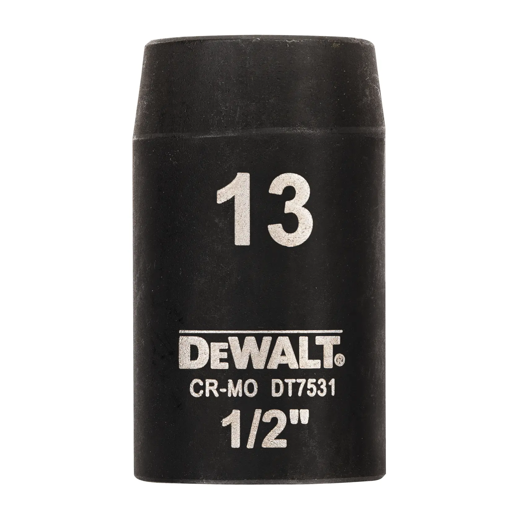Douille d'impact DEWALT DT7531 noire de 13 mm, carré de 1/2 pouce, avec tailles et numéro de modèle.