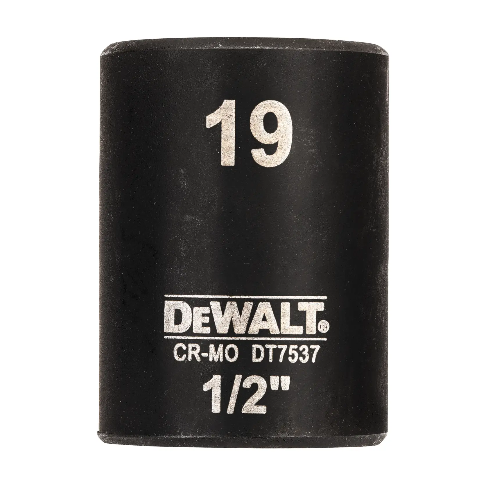 Douille à choc DEWALT DT7537 19 mm 1/2 pouce noire, forme cylindrique, inscriptions blanches.