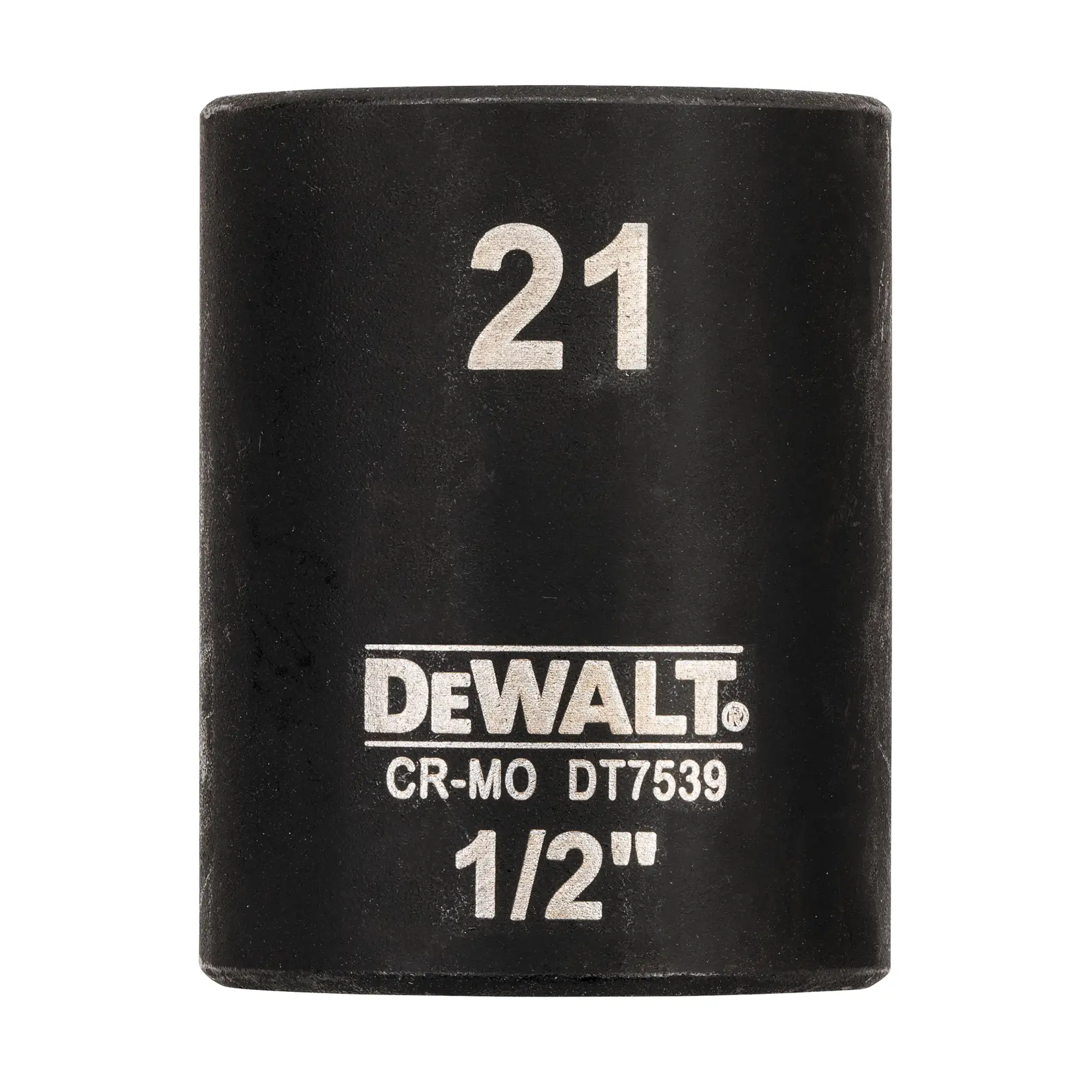 Une douille à choc noire de marque DEWALT, modèle DT7539, avec un marquage de taille 21 mm et une connexion de 1/2 pouce, fabriquée en matériau CR-MO.