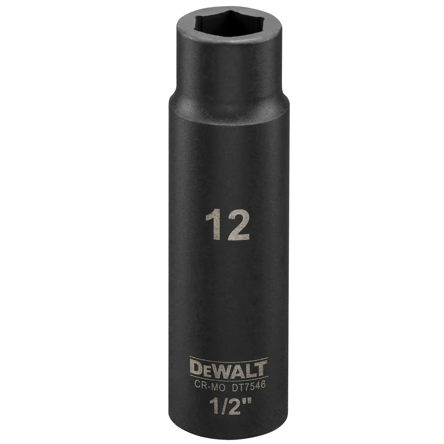 Douille à choc profonde DEWALT DT7546 12mm, carré 1/2", noire, cylindrique, marquages gravés.