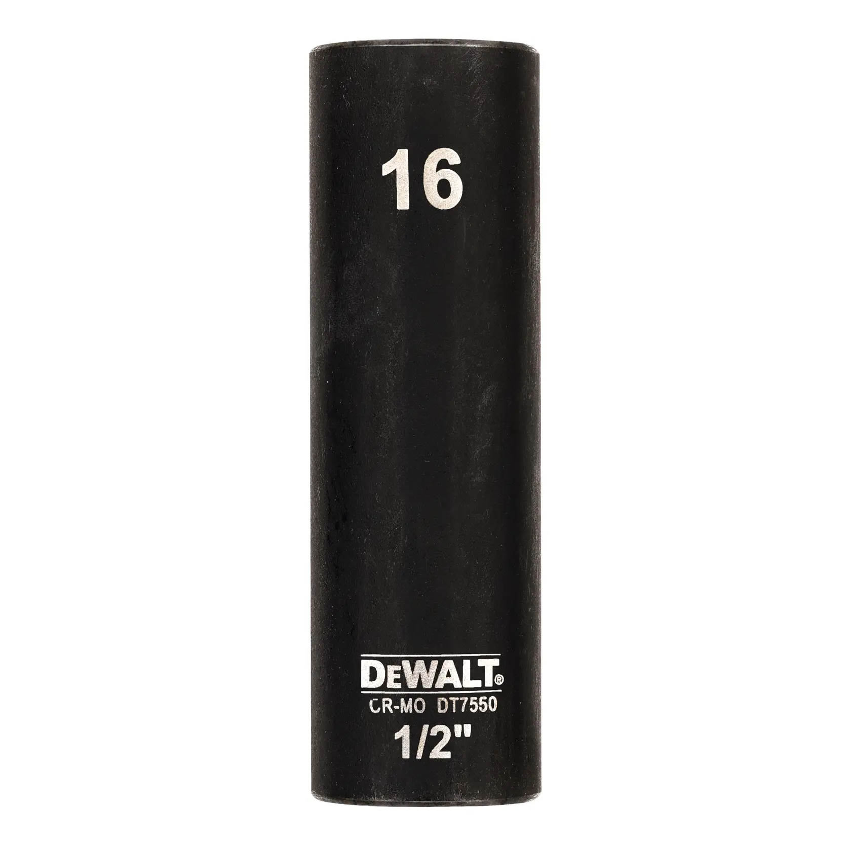 Douille à choc DEWALT DT7550 1/2 pouce noire, marquage 16, forme cylindrique, accessoire d’outil.