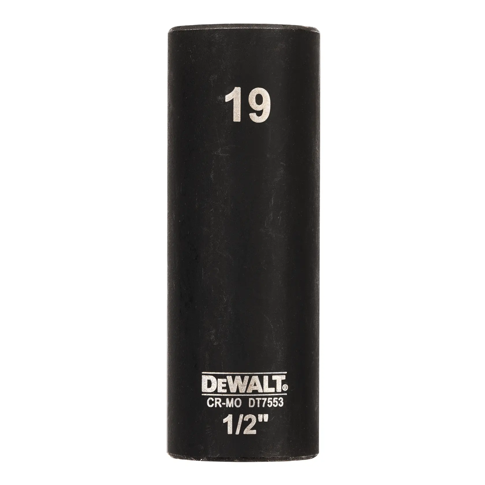 Douille à choc noire DEWALT DT7553 19mm 1/2 pouce, affichée verticalement sur fond blanc.