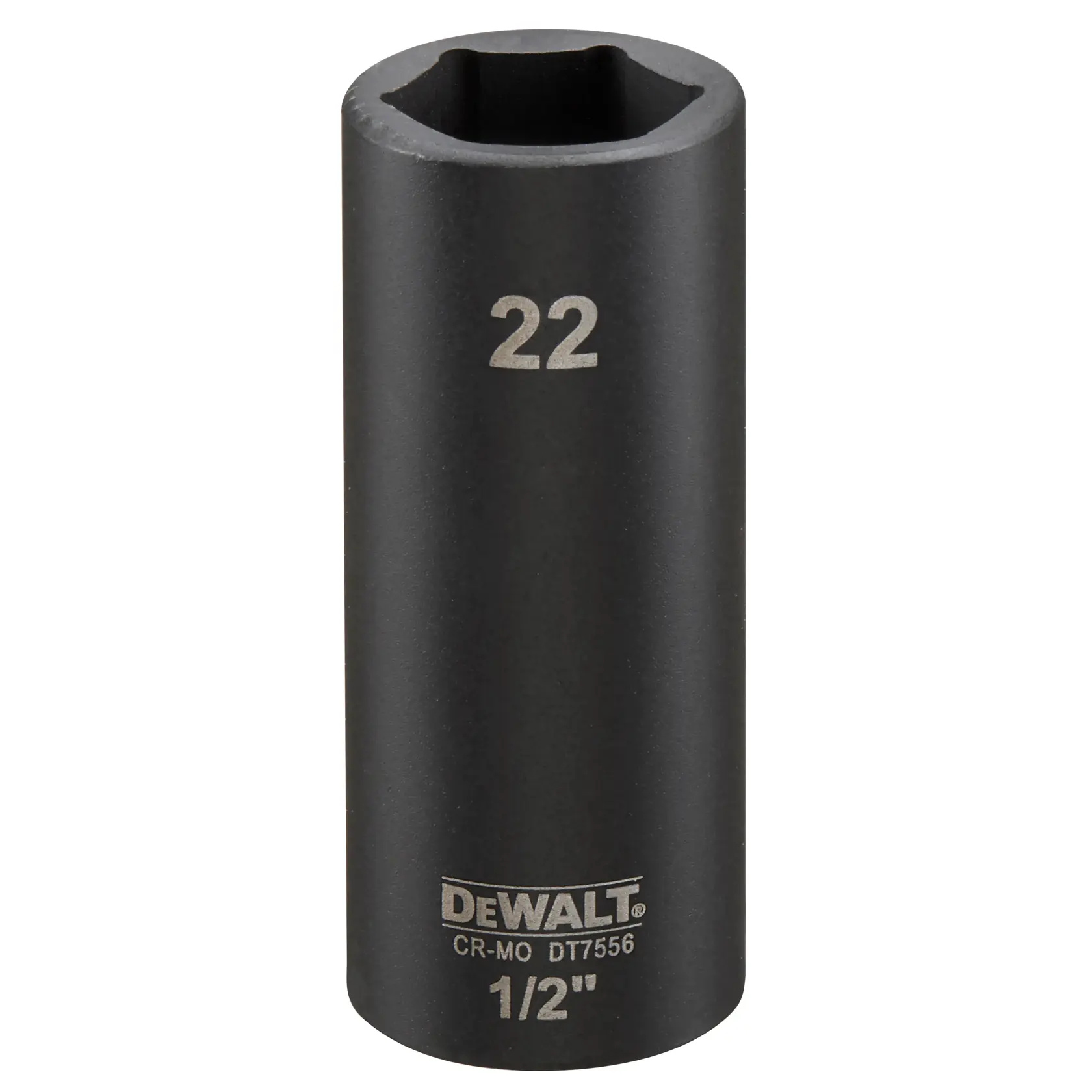 Douille Dimpact profonde 22mm DEWALT DT7556, carré 1/2 pouce, finition acier noir.