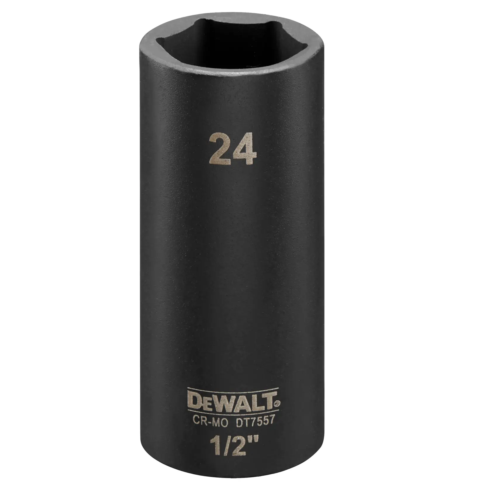 Douille longue DEWALT DT7557 24 mm, noire, entraînement 1/2 pouce, forme cylindrique.